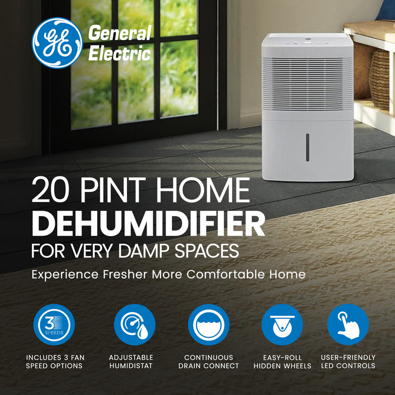 GE 20 Pint Home Dehumidifier for Very Damp Spaces, White (Refurbished)