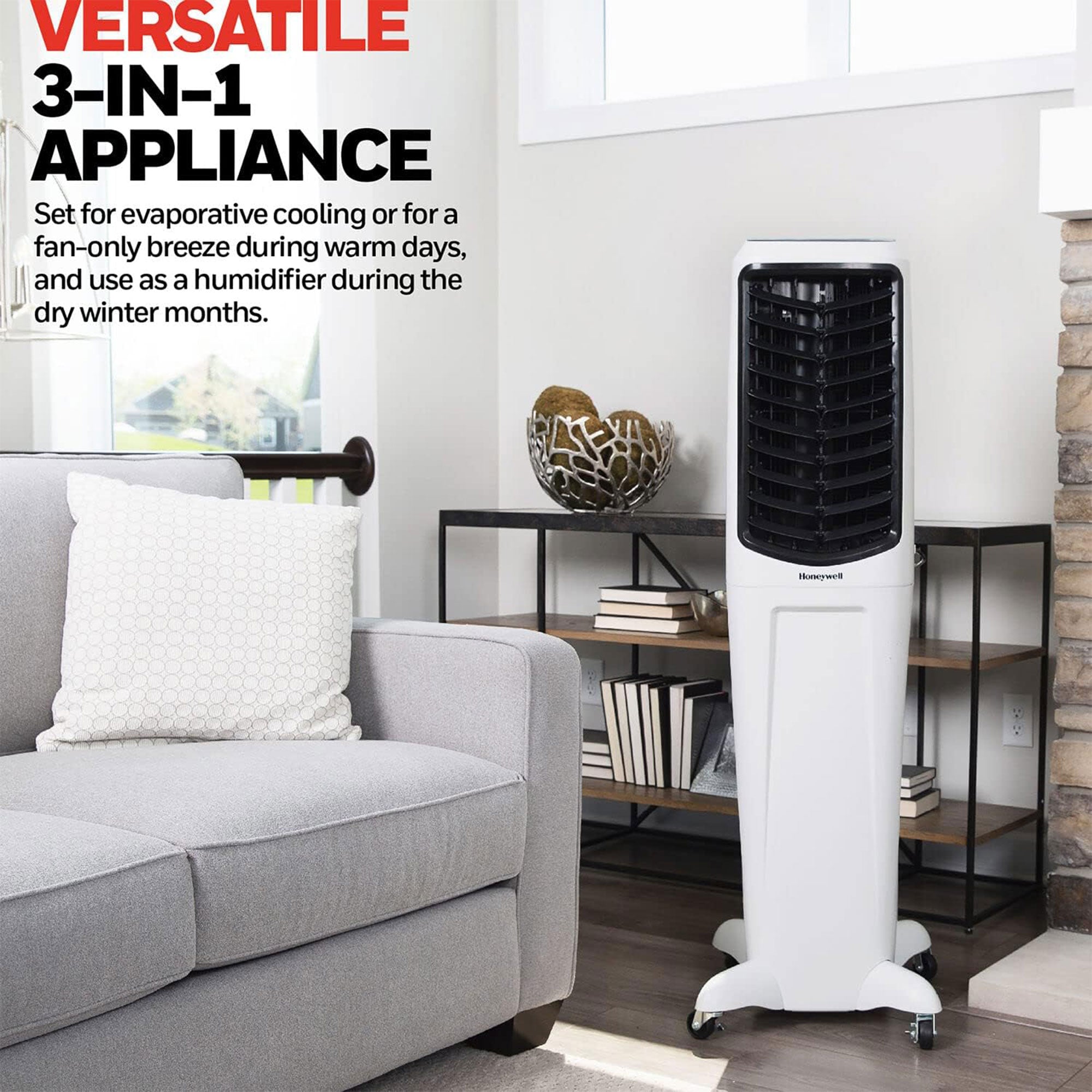 Honeywell Portable Evaporative Tower Cooler with Fan, Humidifier & Remote, White - VMInnovations