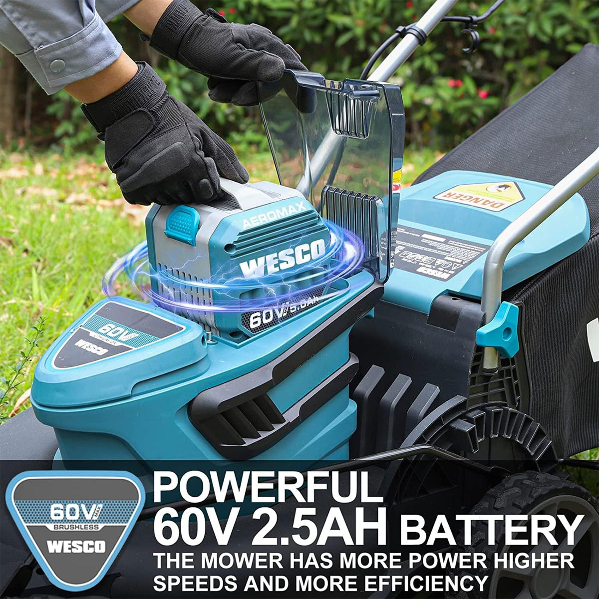 Wesco 60V Cordless Electric Push Lawn Mower with 17" Cut Width & Foldable Handle - VMInnovations