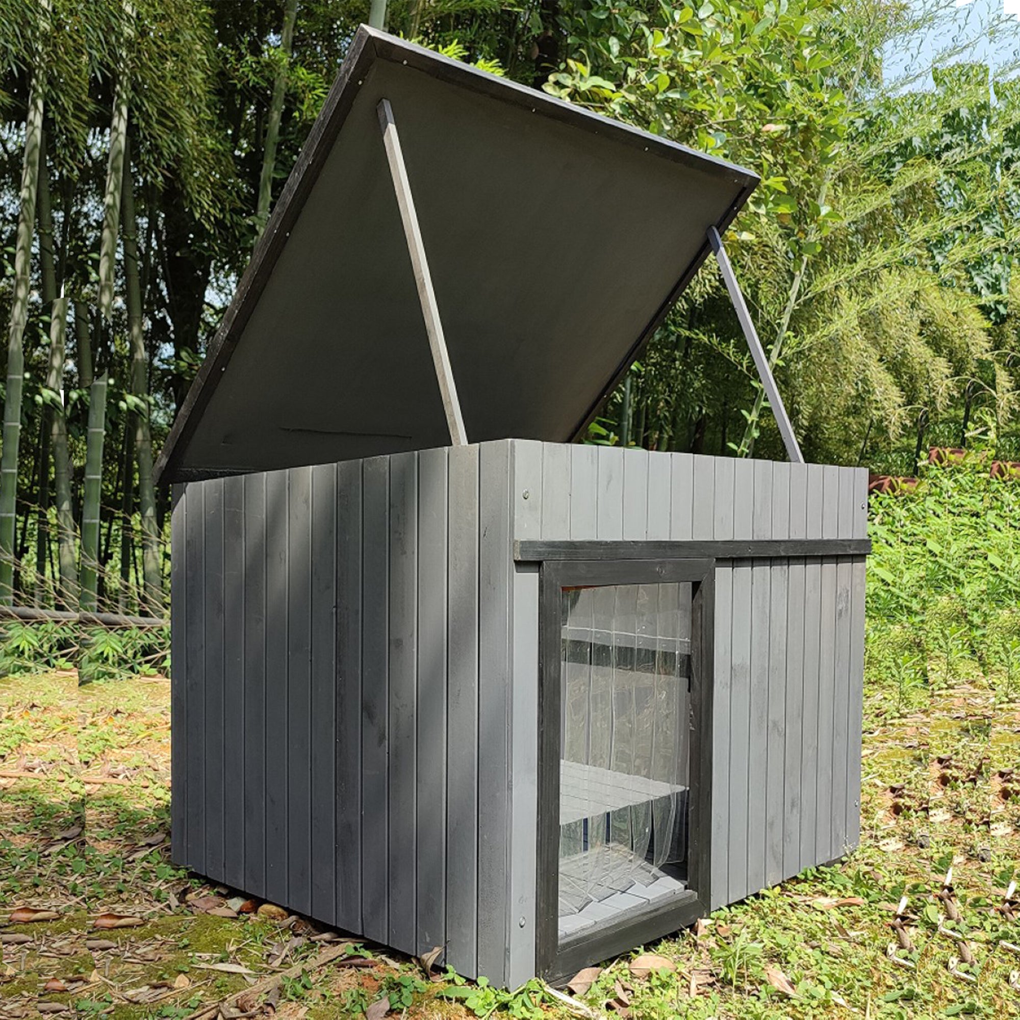 Rugged Ranch XL Dog House, Wood Outdoor Shelter w/ Hinged Roof & Floor (Used) - VMInnovations