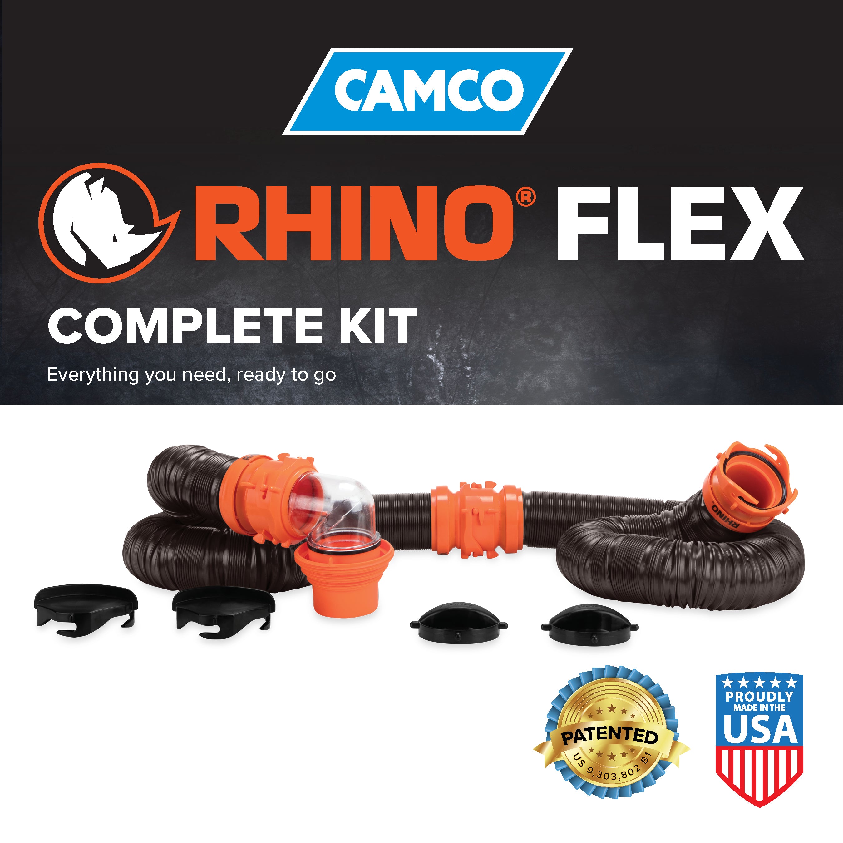 Camco RhinoFLEX 20’ RV Sewer Hose Kit w/ Removable 4 in 1 Adapter, Black/Orange
