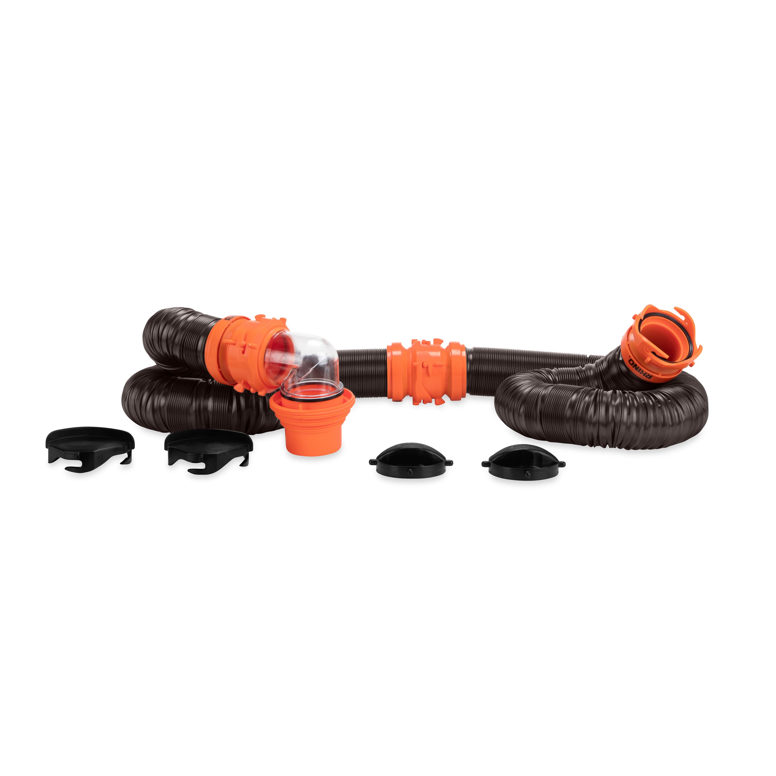 Camco RhinoFLEX 20’ RV Sewer Hose Kit w/ Removable 4 in 1 Adapter, Black/Orange - VMInnovations
