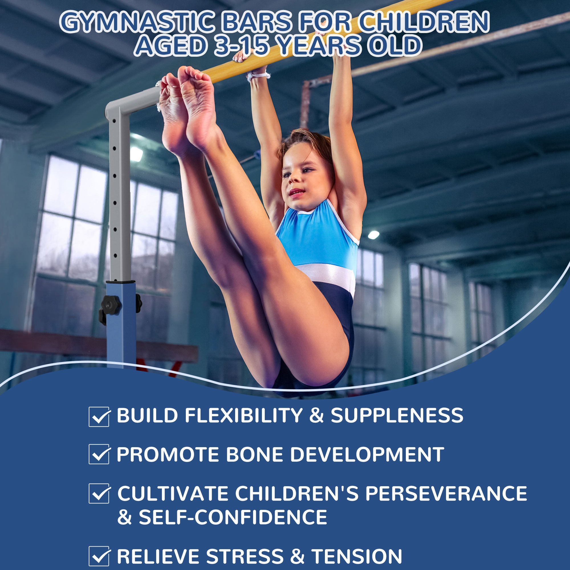 Signature Fitness Adjustable Folding Steel Gymnastics Bar, for Ages 3 & Up, Blue - VMInnovations