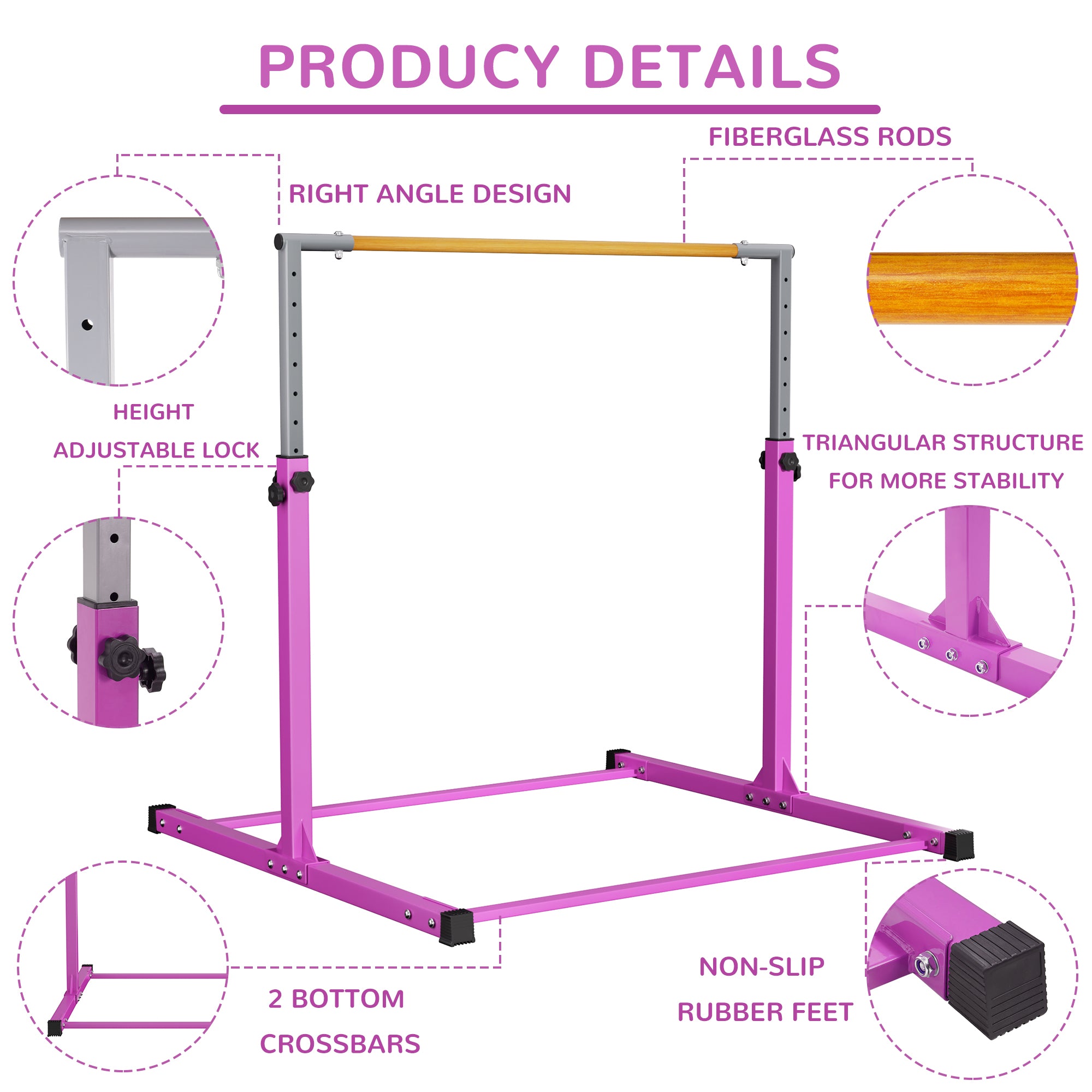 Signature Fitness Adjustable Folding Steel Gymnastics Bar, for Ages 3 & Up, Pink - VMInnovations
