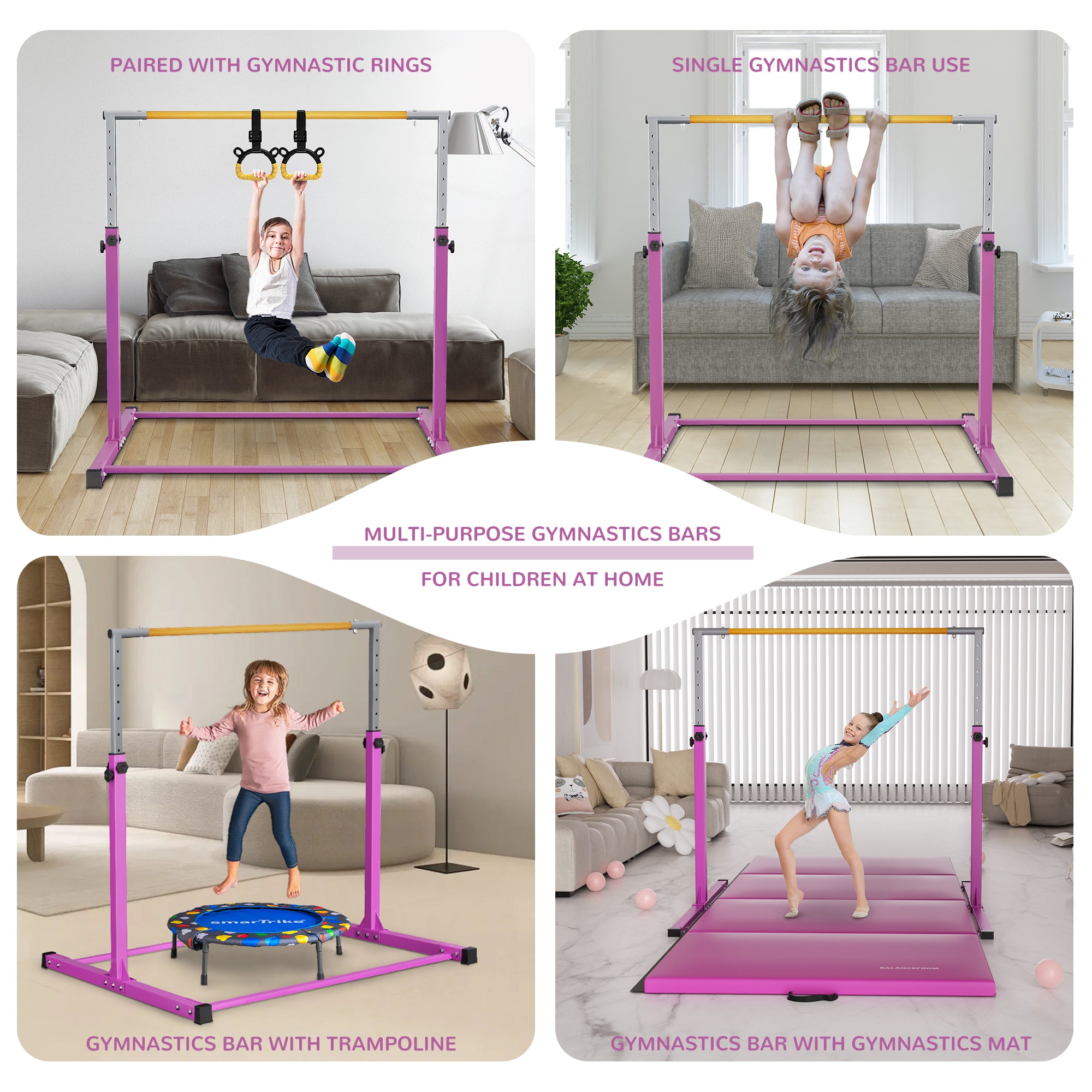Signature Fitness Adjustable Folding Steel Gymnastics Bar, for Ages 3 & Up, Pink - VMInnovations