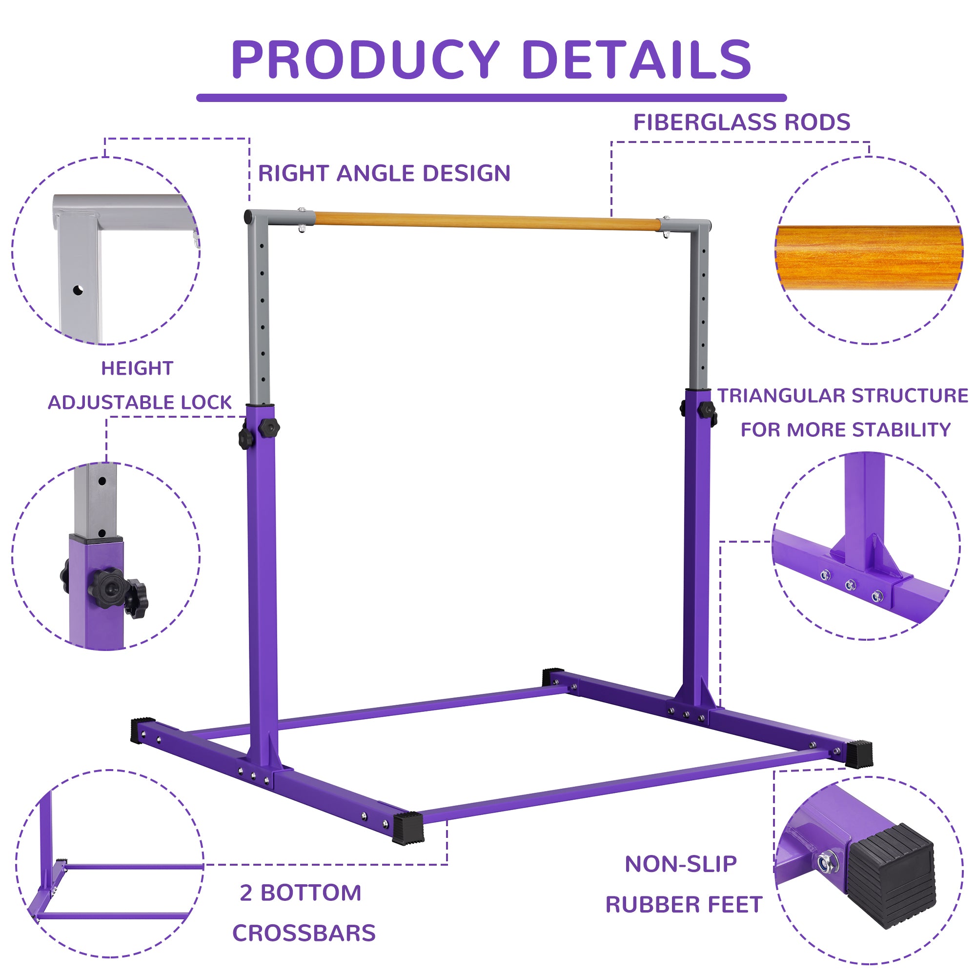 Signature Fitness Adjustable Folding Steel Gymnastics Bar, Ages 3 & Up, Purple - VMInnovations