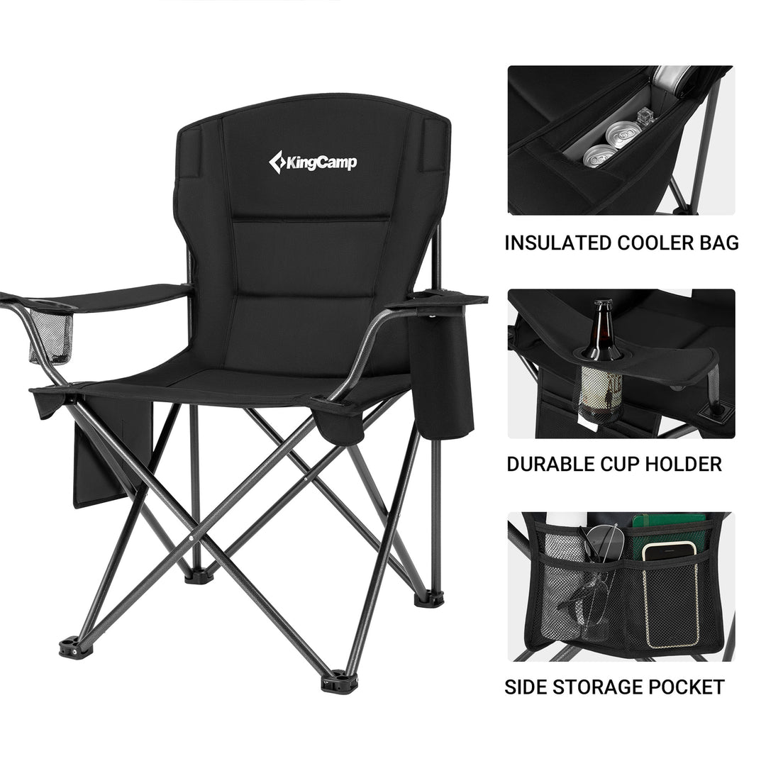 KingCamp Padded Oversized Folding Chair with Cupholder, Cooler, & Pocket, Black - VMInnovations