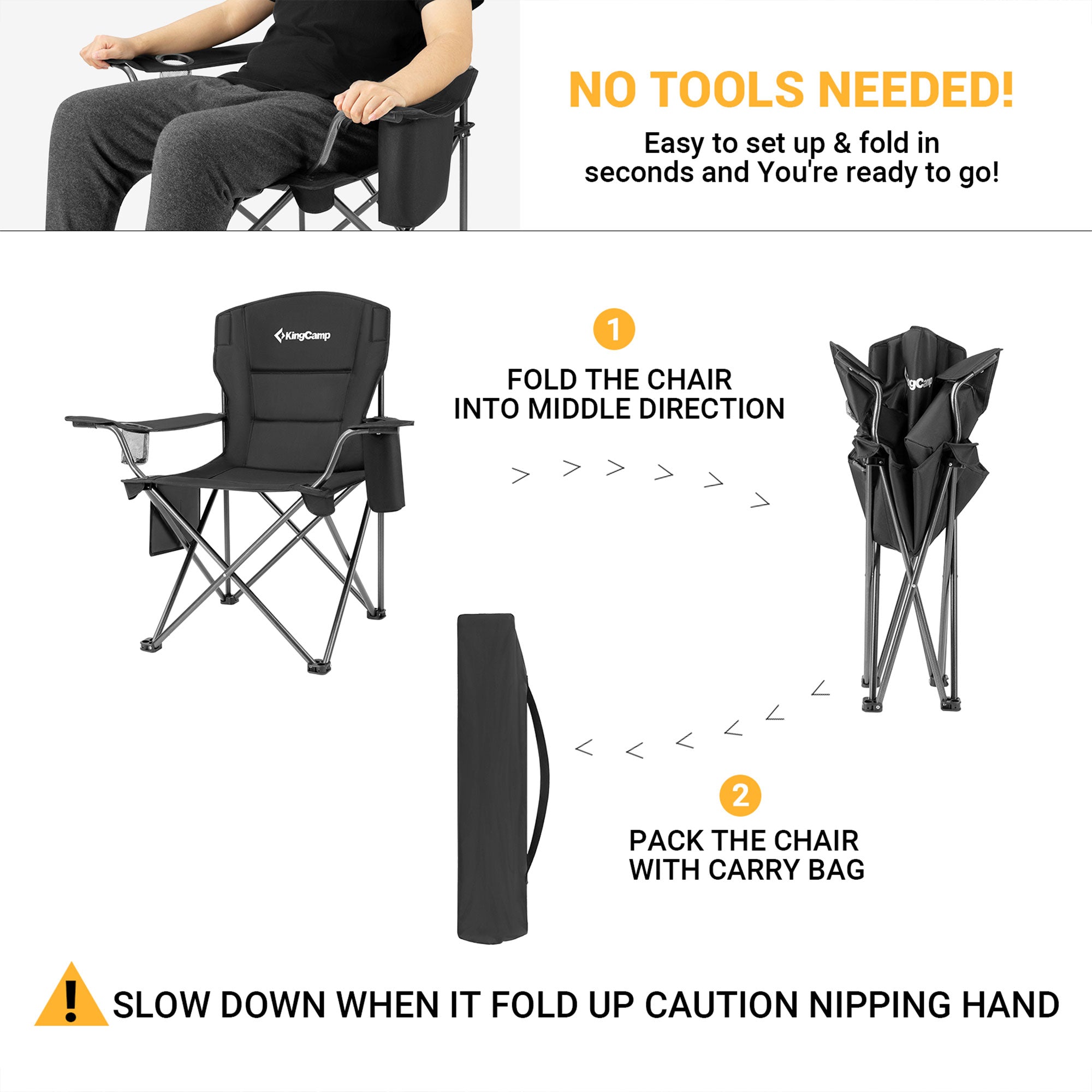 KingCamp Padded Folding Chair with Cupholder, Cooler, & Pocket, Black (Open Box) - VMInnovations