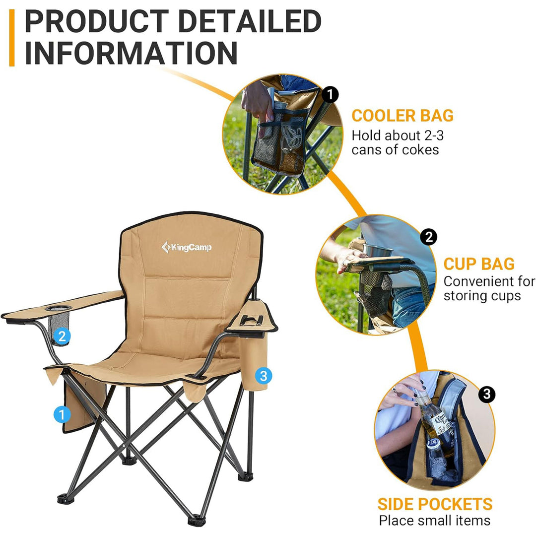KingCamp Padded Oversized Folding Chair with Cupholder, Cooler, & Pocket, Khaki - VMInnovations