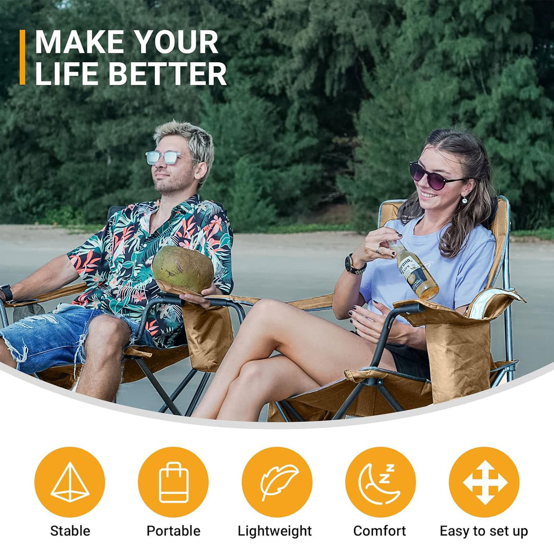 KingCamp Padded Oversized Folding Chair with Cupholder, Cooler, & Pocket, Khaki - VMInnovations