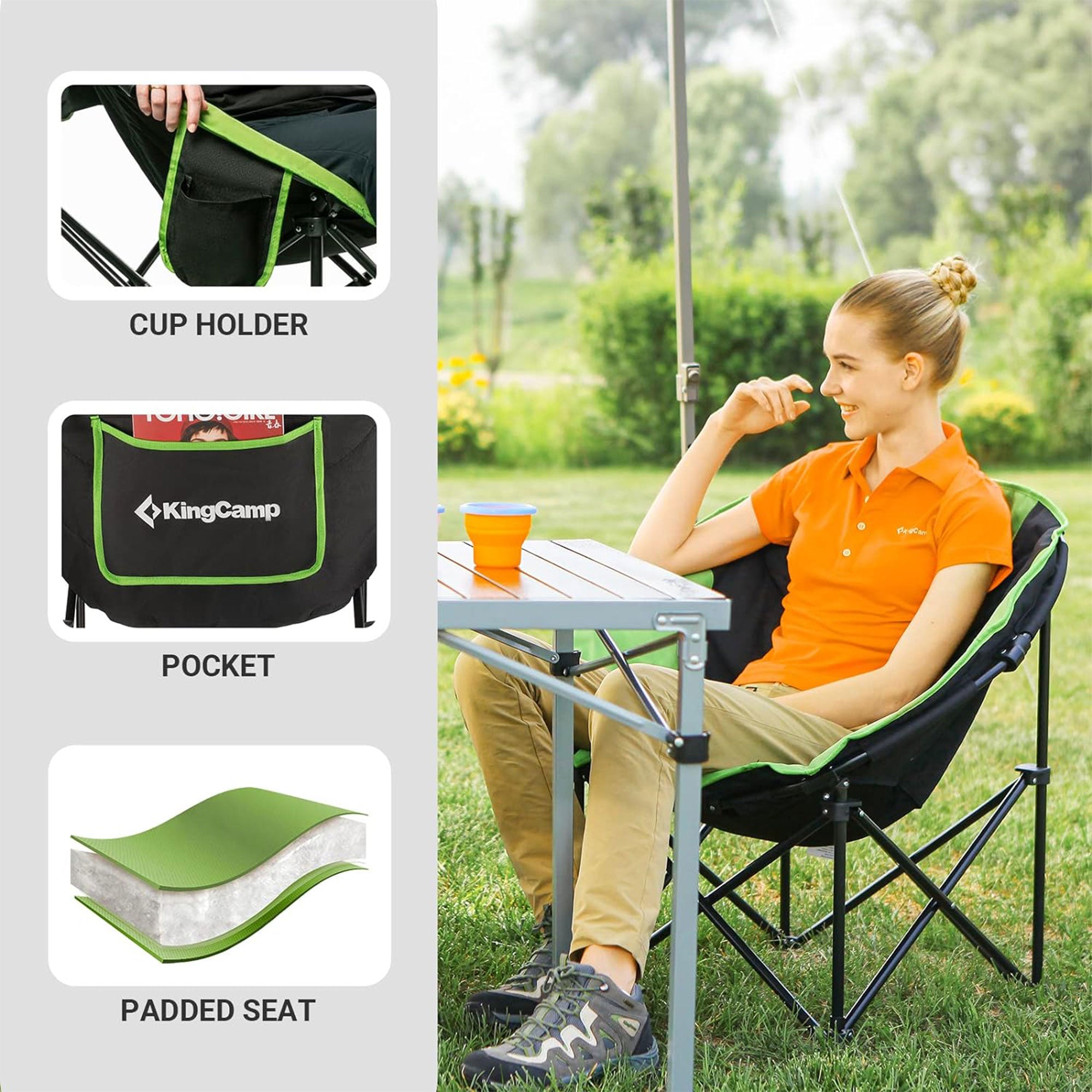 KingCamp Foldable Camping Lounge Chair w/ Cupholder, Black/Green (Open Box) - VMInnovations