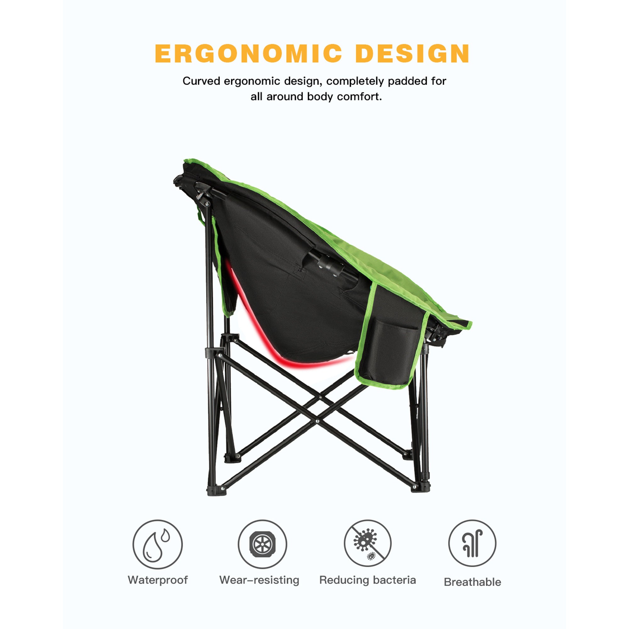 KingCamp Foldable Camping Lounge Chair w/ Cupholder, Black/Green (Open Box) - VMInnovations