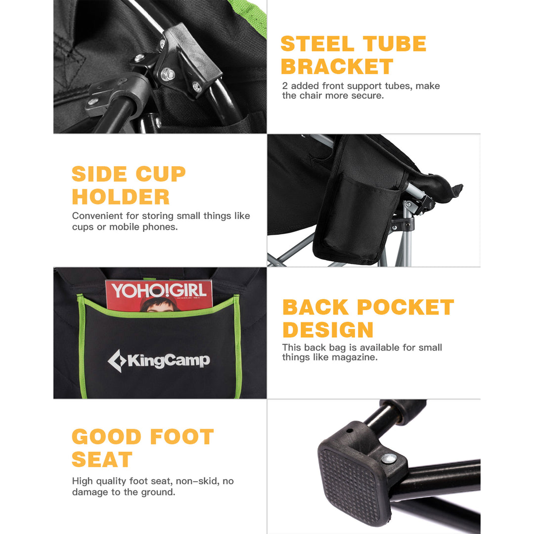 KingCamp Foldable Saucer Camping Lounge Chair w/ Cupholder Storage, Black/Green - VMInnovations