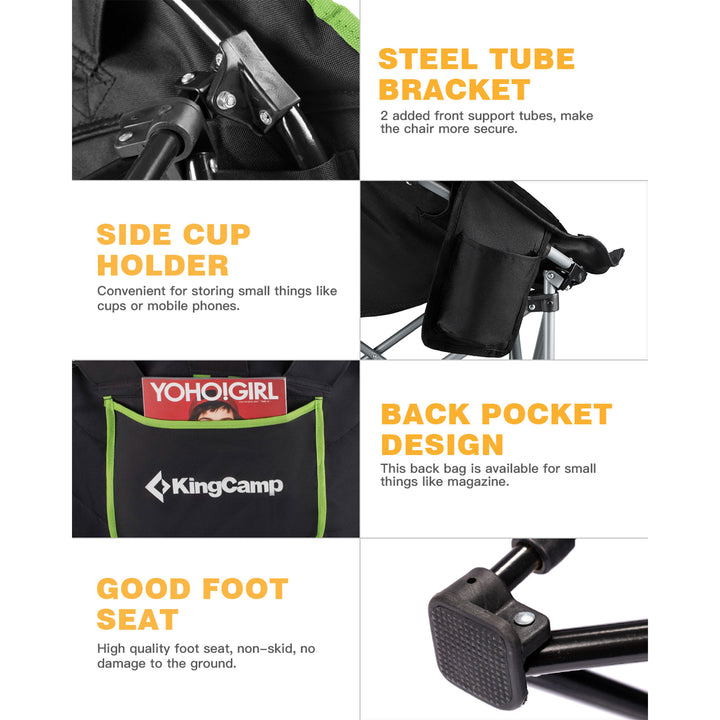 KingCamp Foldable Saucer Camping Lounge Chair w/ Cupholder Storage, Black/Green - VMInnovations