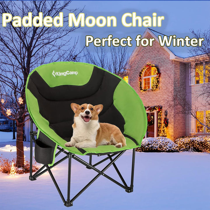 KingCamp Foldable Saucer Camping Lounge Chair w/ Cupholder Storage, Black/Green - VMInnovations