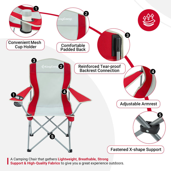 KingCamp Lightweight Folding Outdoor Camping Chair with Cupholder, Red/Gray - VMInnovations