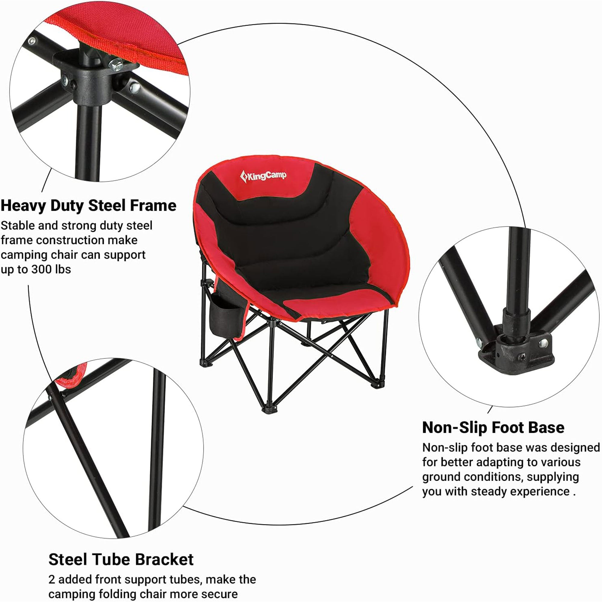 KingCamp Foldable Saucer Lounge Chair w/ Cupholder Storage, Black/Red (Open Box) - VMInnovations