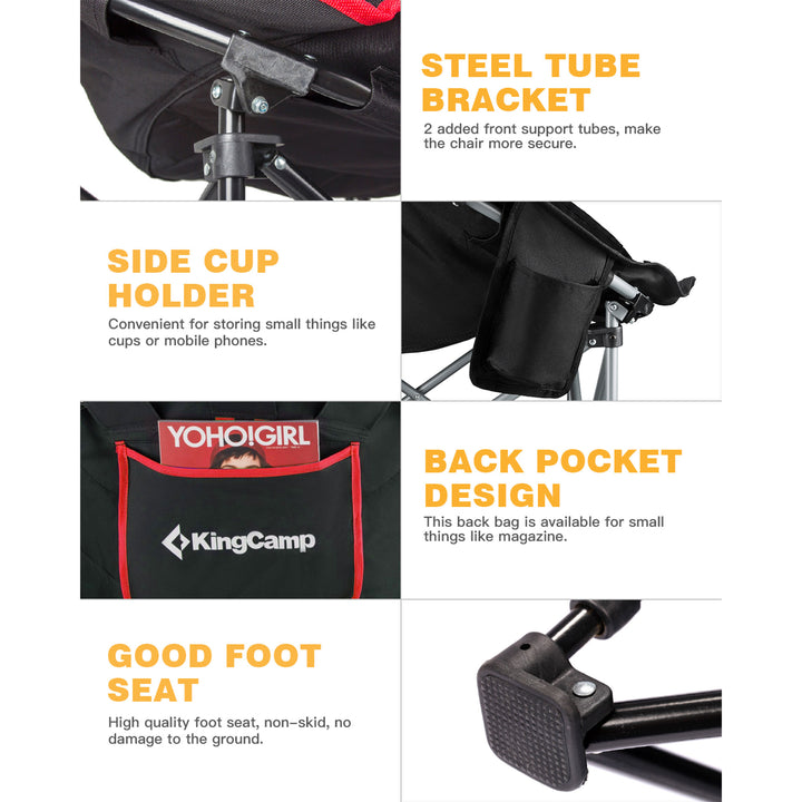 KingCamp Foldable Saucer Camping Lounge Chair w/ Cupholder Storage, Black/Red - VMInnovations