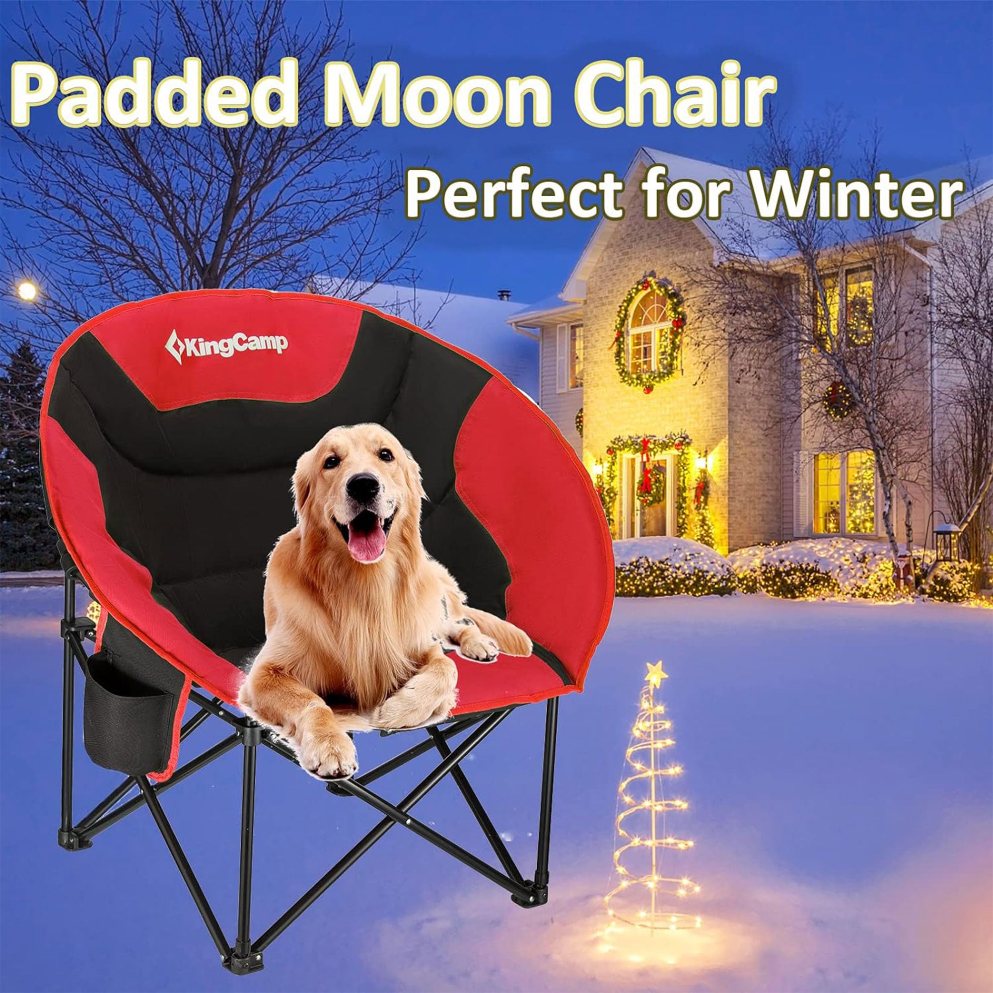 KingCamp Foldable Saucer Camping Lounge Chair w/ Cupholder Storage, Black/Red - VMInnovations