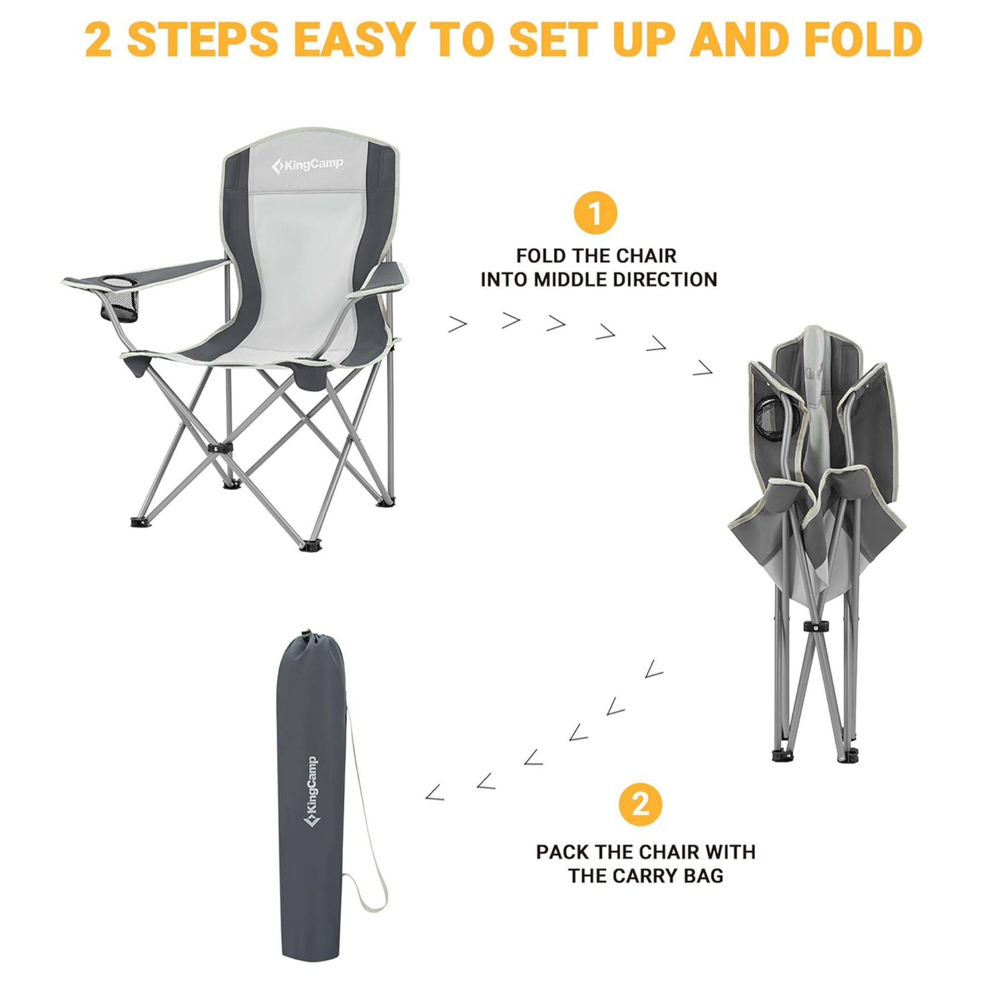 KingCamp Portable Folding Chair with Mesh Cup Holder and Carry Bag, Black/Gray (2 Pack) - VMInnovations