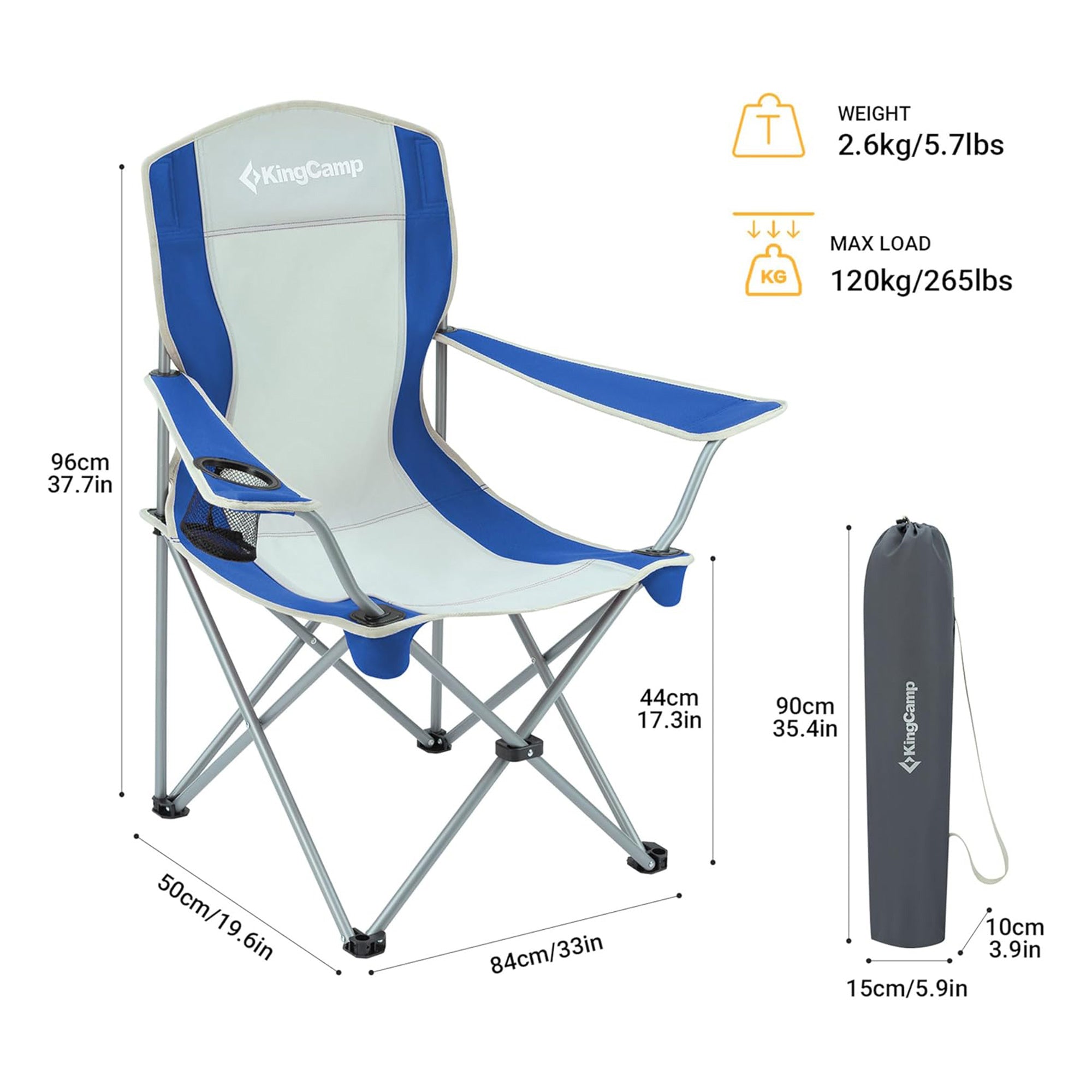 KingCamp Portable Folding Chair with Mesh Cup Holder and Carry Bag, Blue/Gray (2 Pack) - VMInnovations