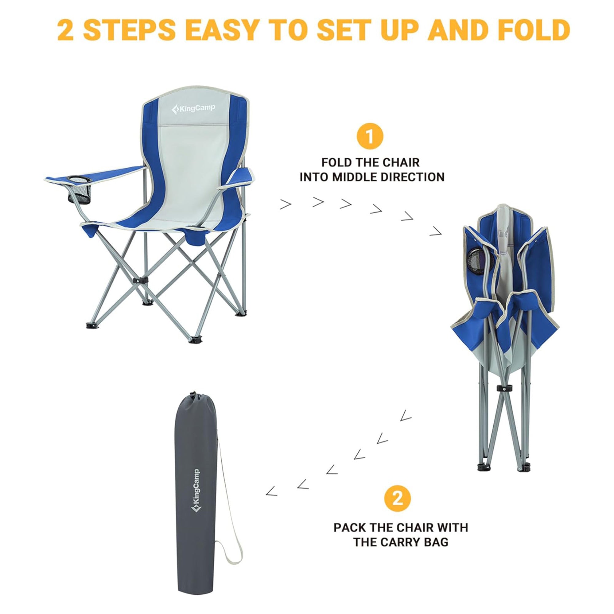 KingCamp Portable Folding Chair with Mesh Cup Holder and Carry Bag, Blue/Gray (2 Pack) - VMInnovations