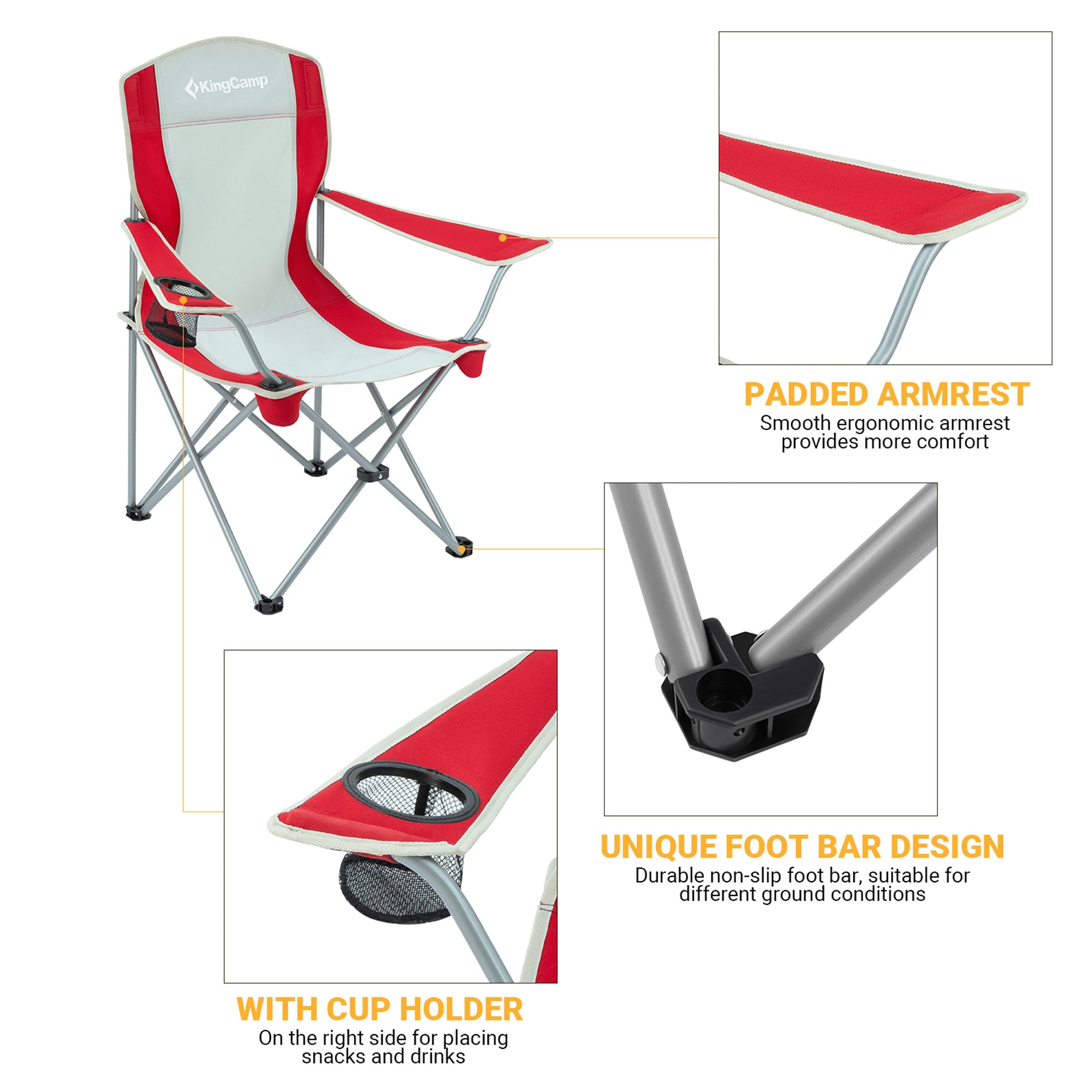 KingCamp Portable Folding Chair with Mesh Cup Holder and Carry Bag, Red/Gray (2 Pack) - VMInnovations