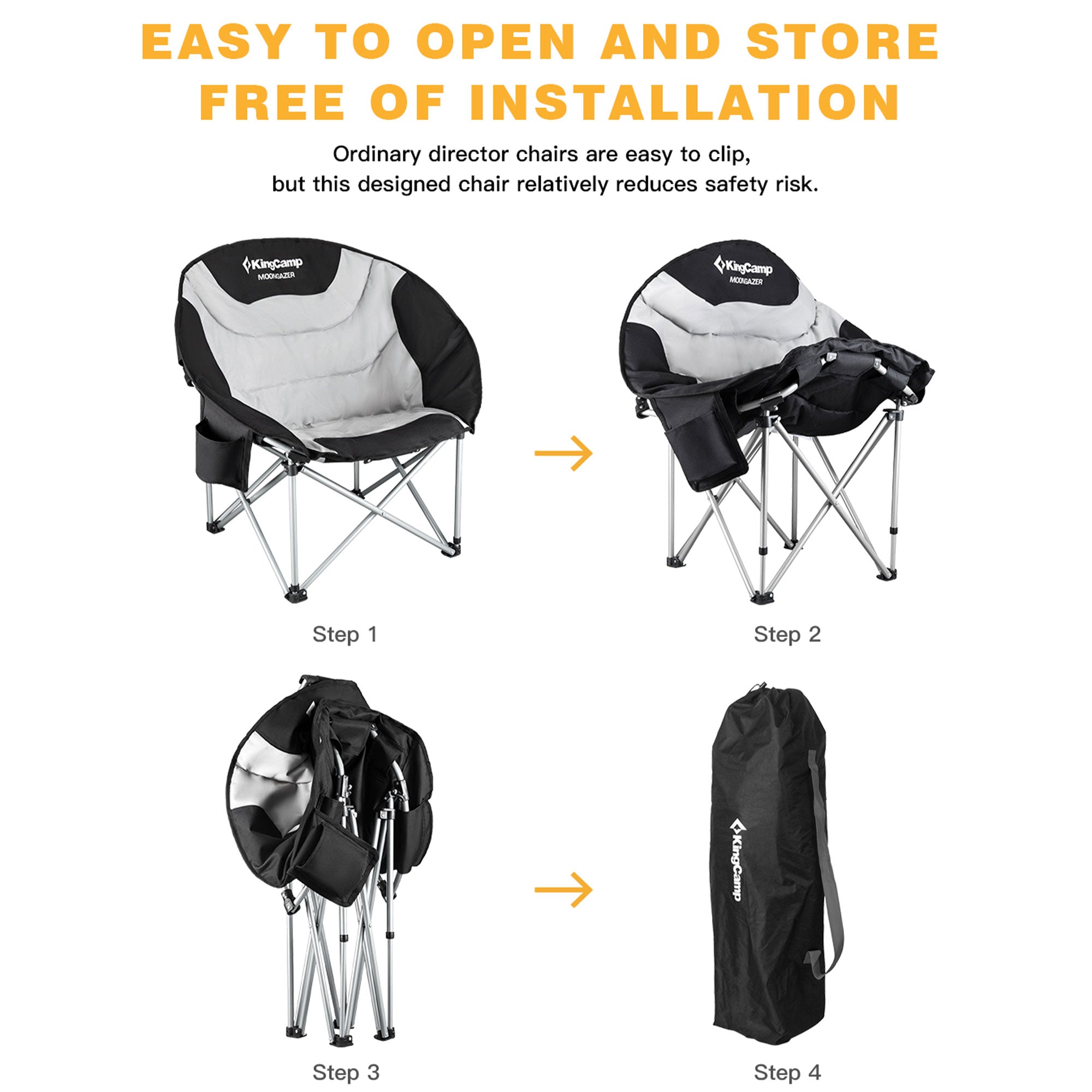 KingCamp Folding Lounge Chair w/Cup Holder Storage, Black/Medium Gray (Open Box)