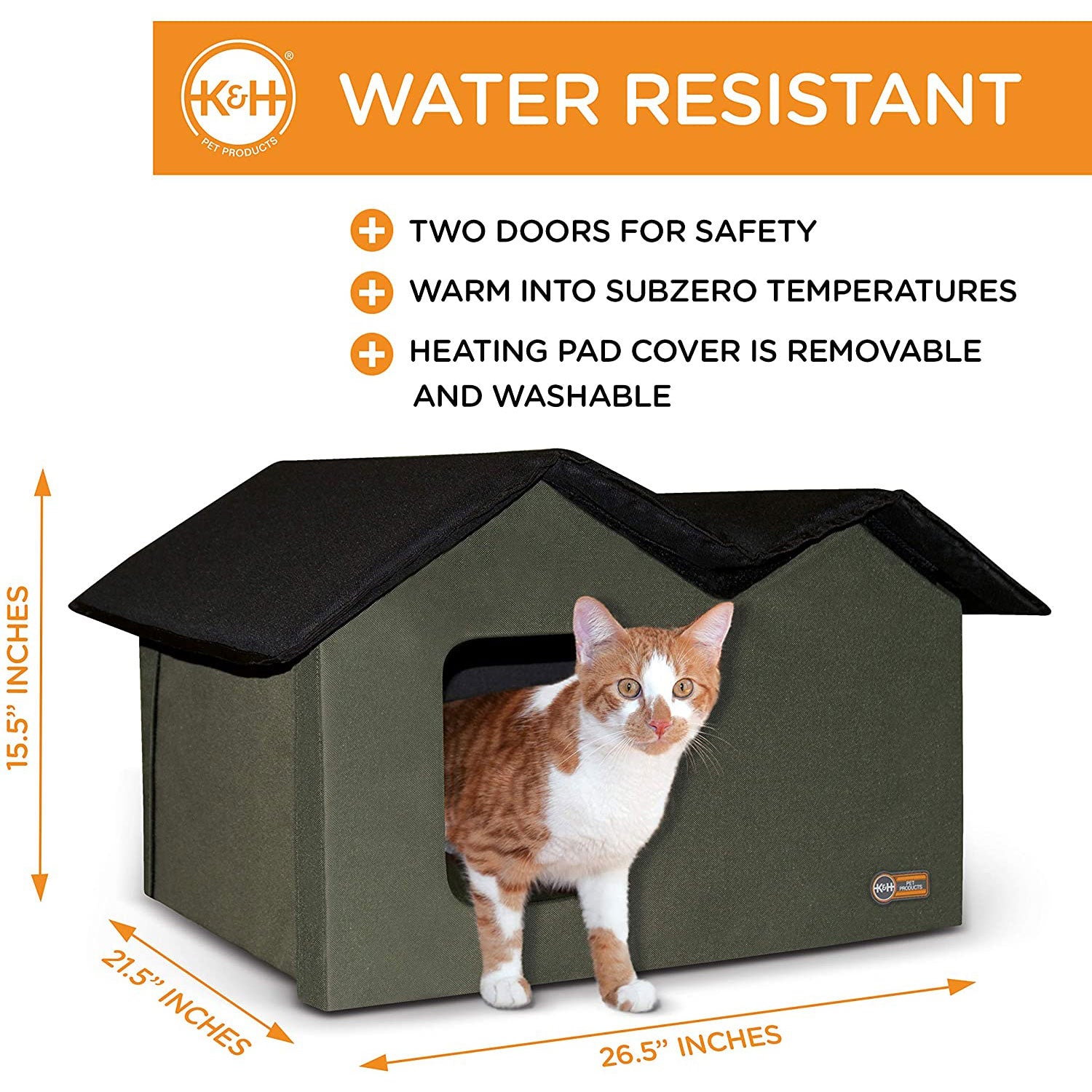 K&H Pet Products Extra Wide Heated Kitty House with 2 Doors, Olive (Used) - VMInnovations