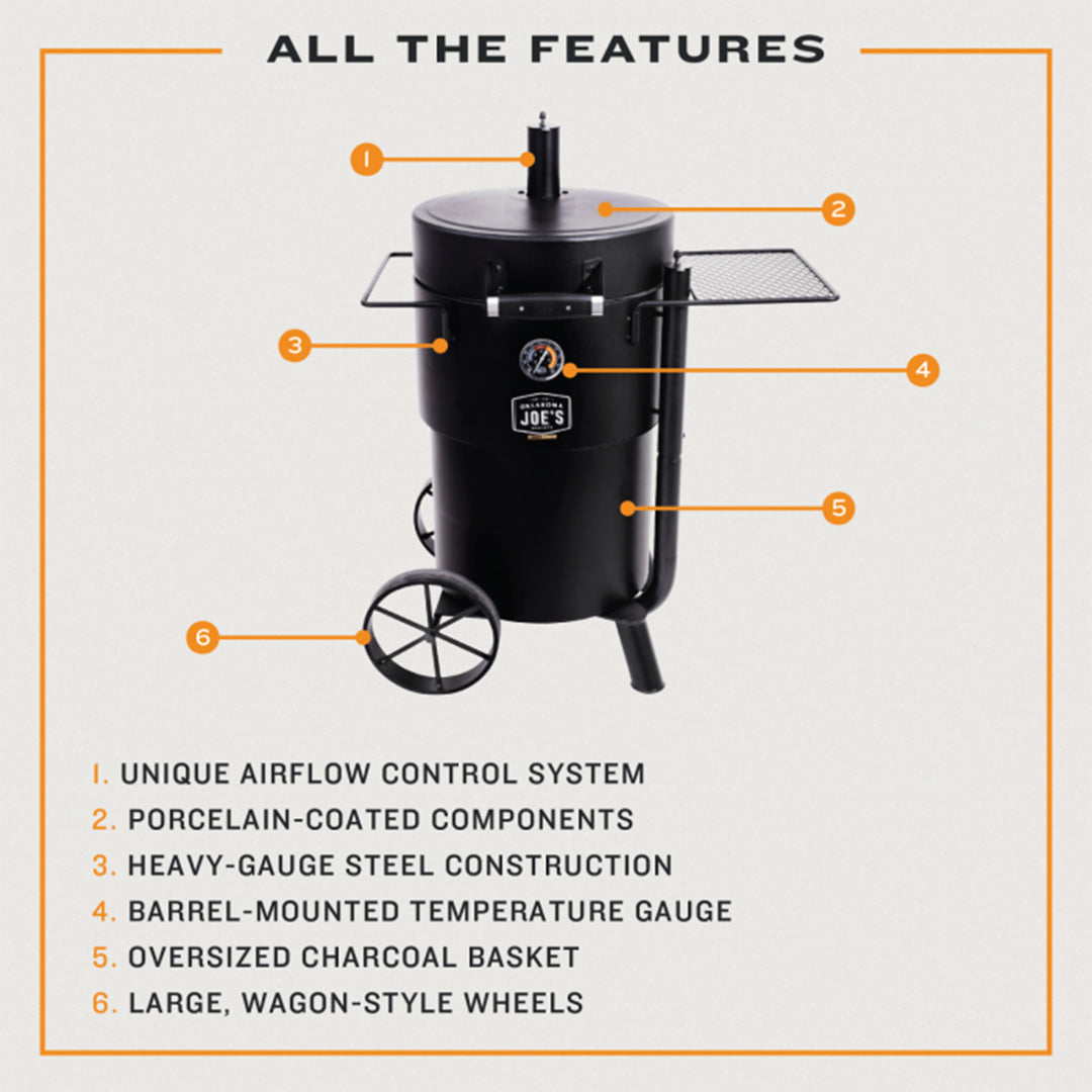 Char-Broil Oklahoma Joes Bronco Barrel Drum Smoker with Porcelain Coated Steel - VMInnovations