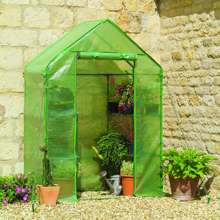 Gardman Walk In Greenhouse with 2 Tier Shelving Unit and Zippered Door, Green - VMInnovations