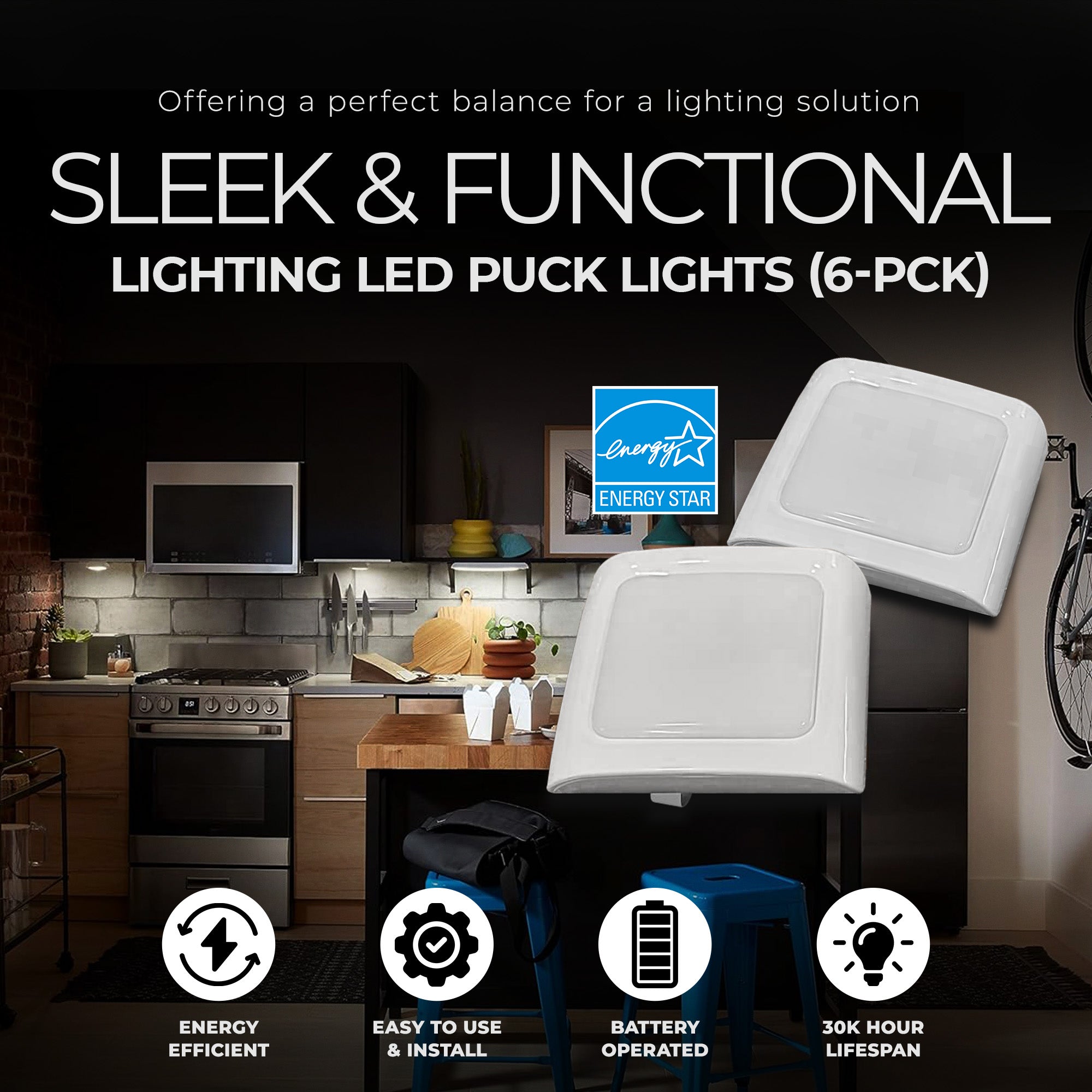 GE Set of 6 Battery Operated Plastic LED Puck Lights for Closets and Cabinets - VMInnovations