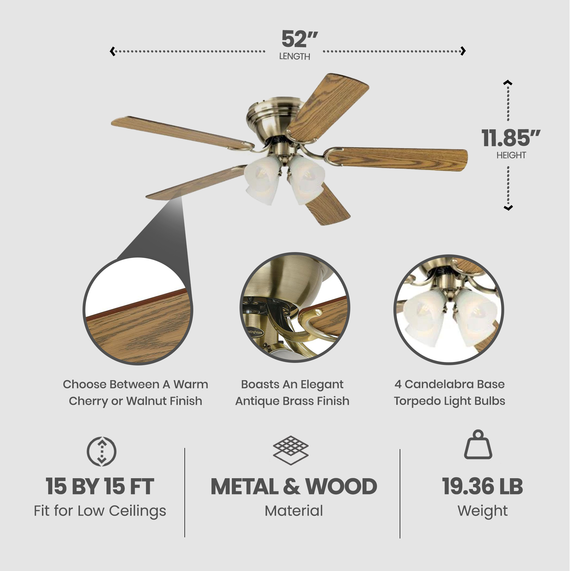 Westinghouse 52" Contempra IV Antique Brass Finish Ceiling Fan with Light Kit - VMInnovations