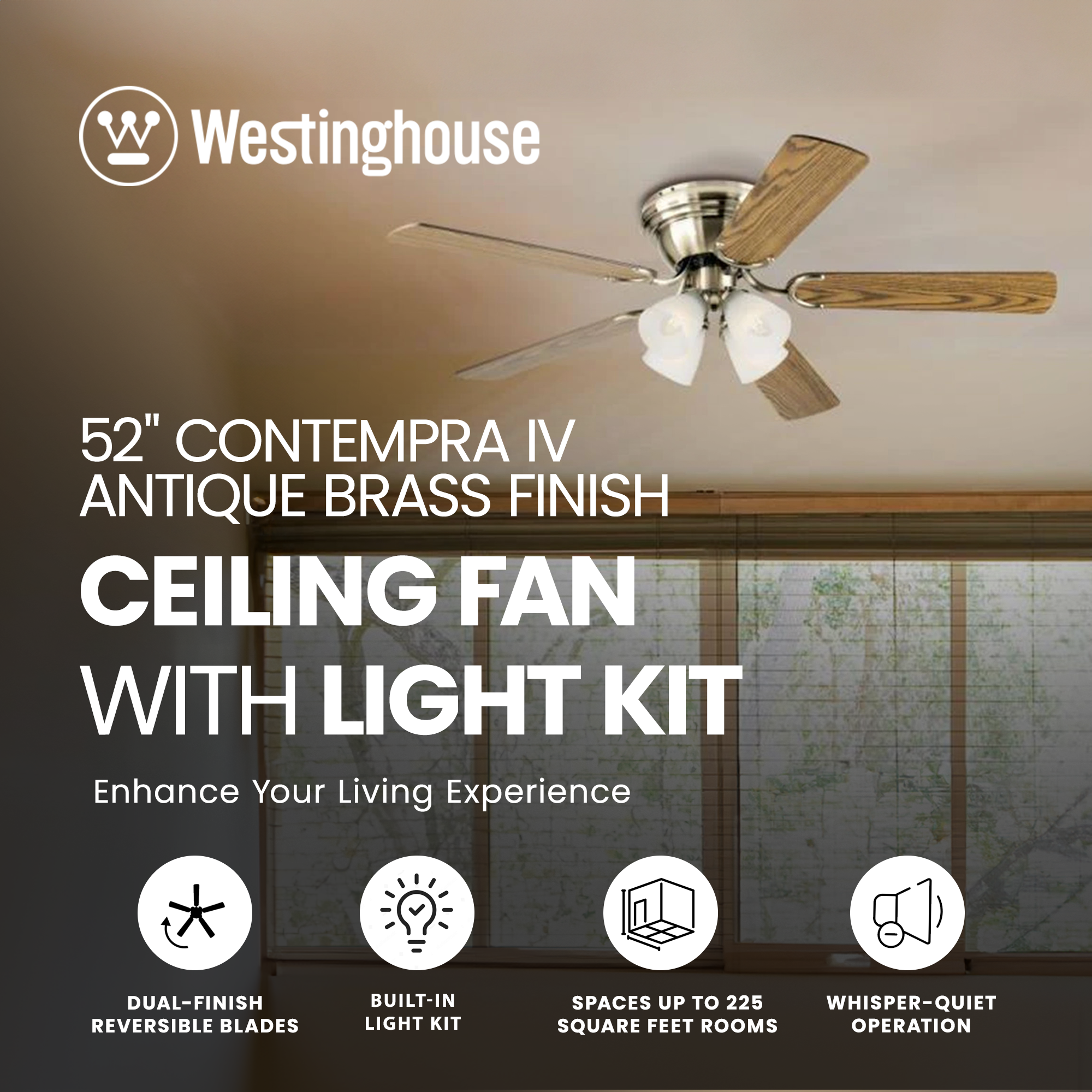 Westinghouse 52" Contempra IV Brass Finish Ceiling Fan w/Light Kit (Open Box) - VMInnovations