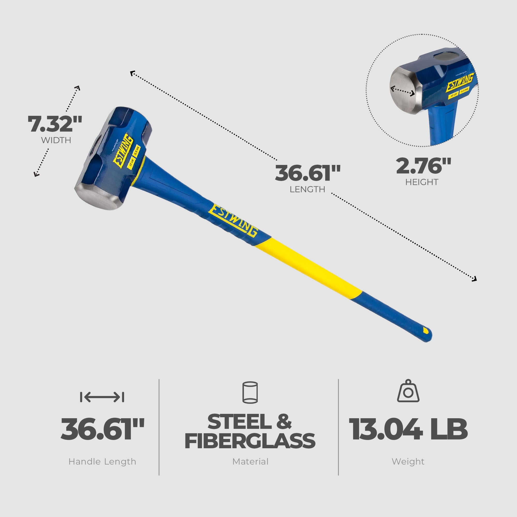 Estwing 12 Pound Head Hard Face Sledge Hammer with 36 Inch Fiberglass Handle - VMInnovations