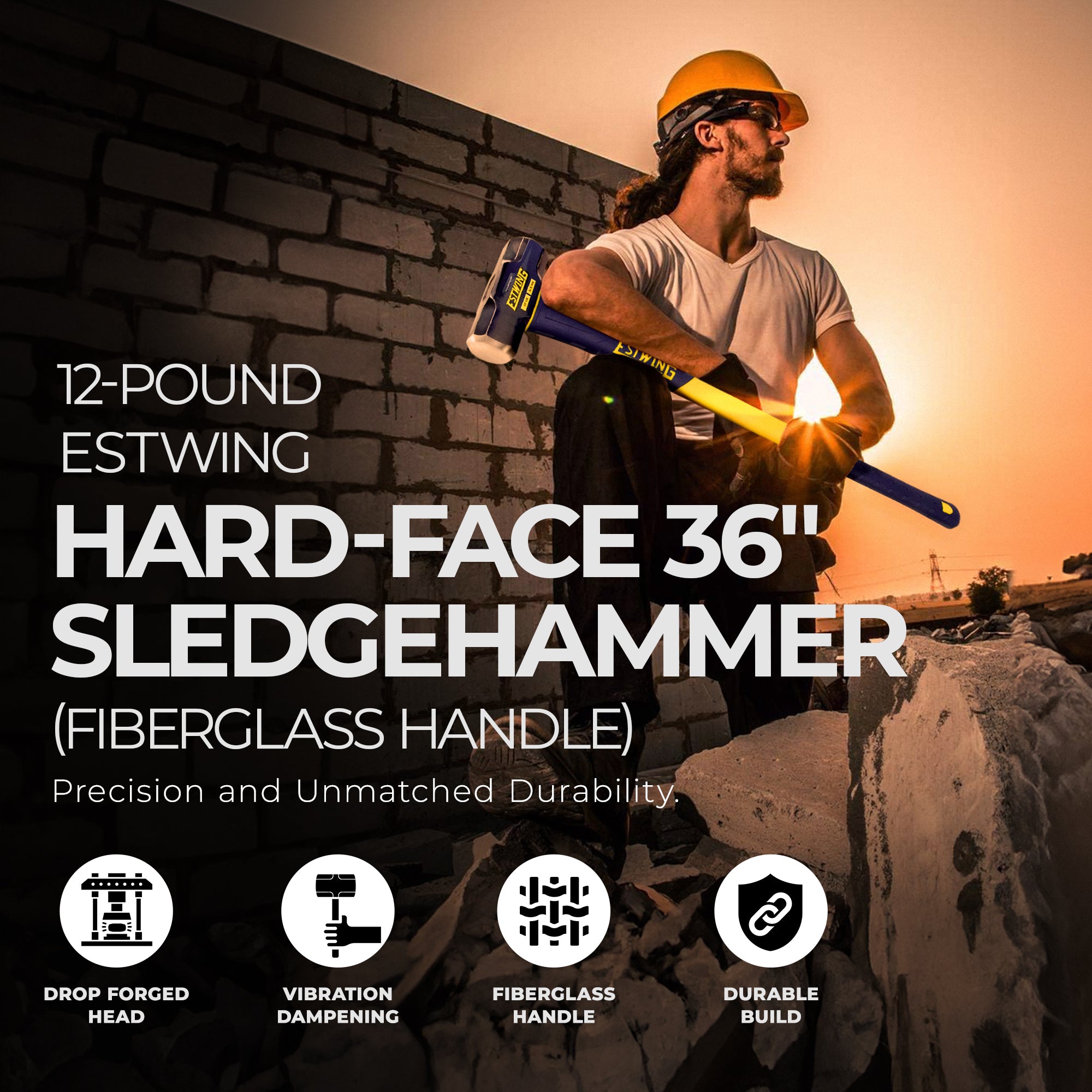 Estwing 12 Pound Head Hard Face Sledge Hammer with 36 Inch Fiberglass Handle - VMInnovations
