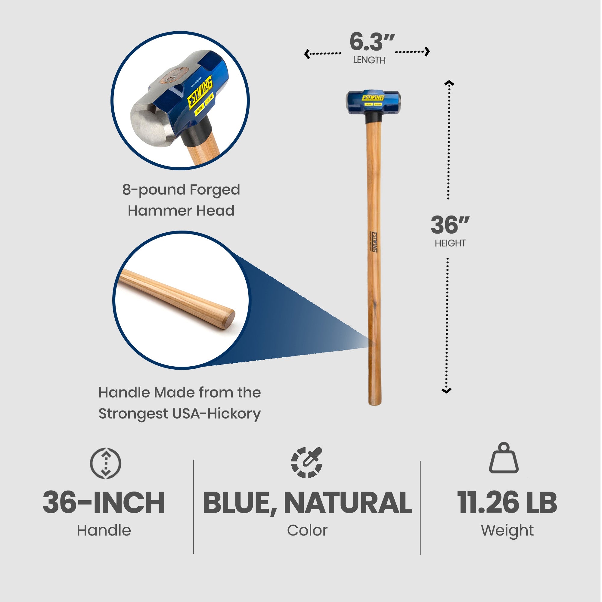 Estwing 8LB Head Hard Face Stake Sledge Hammer w/36 Inch Hickory Handle (Used) - VMInnovations