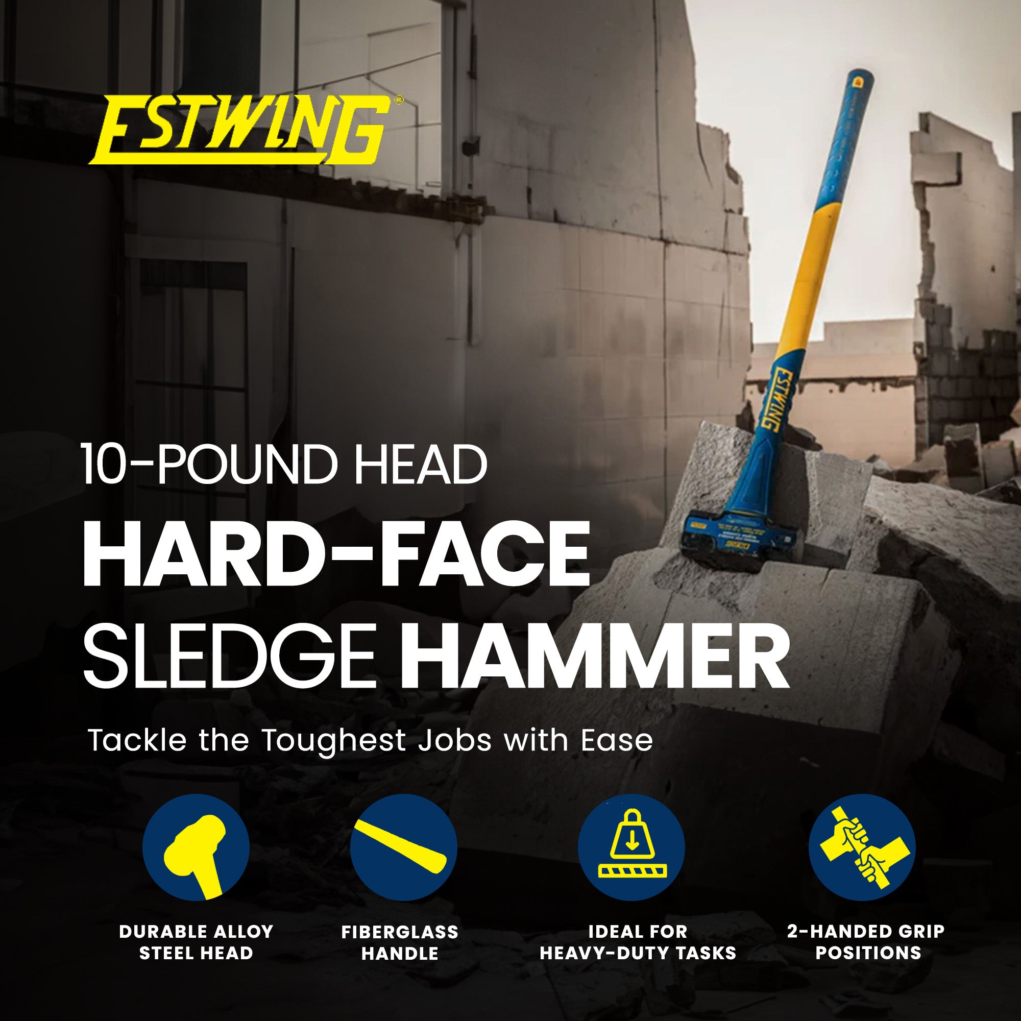 Estwing 10lb Head Hard Face Sledge Hammer with 36" Fiberglass Handle (Open Box) - VMInnovations