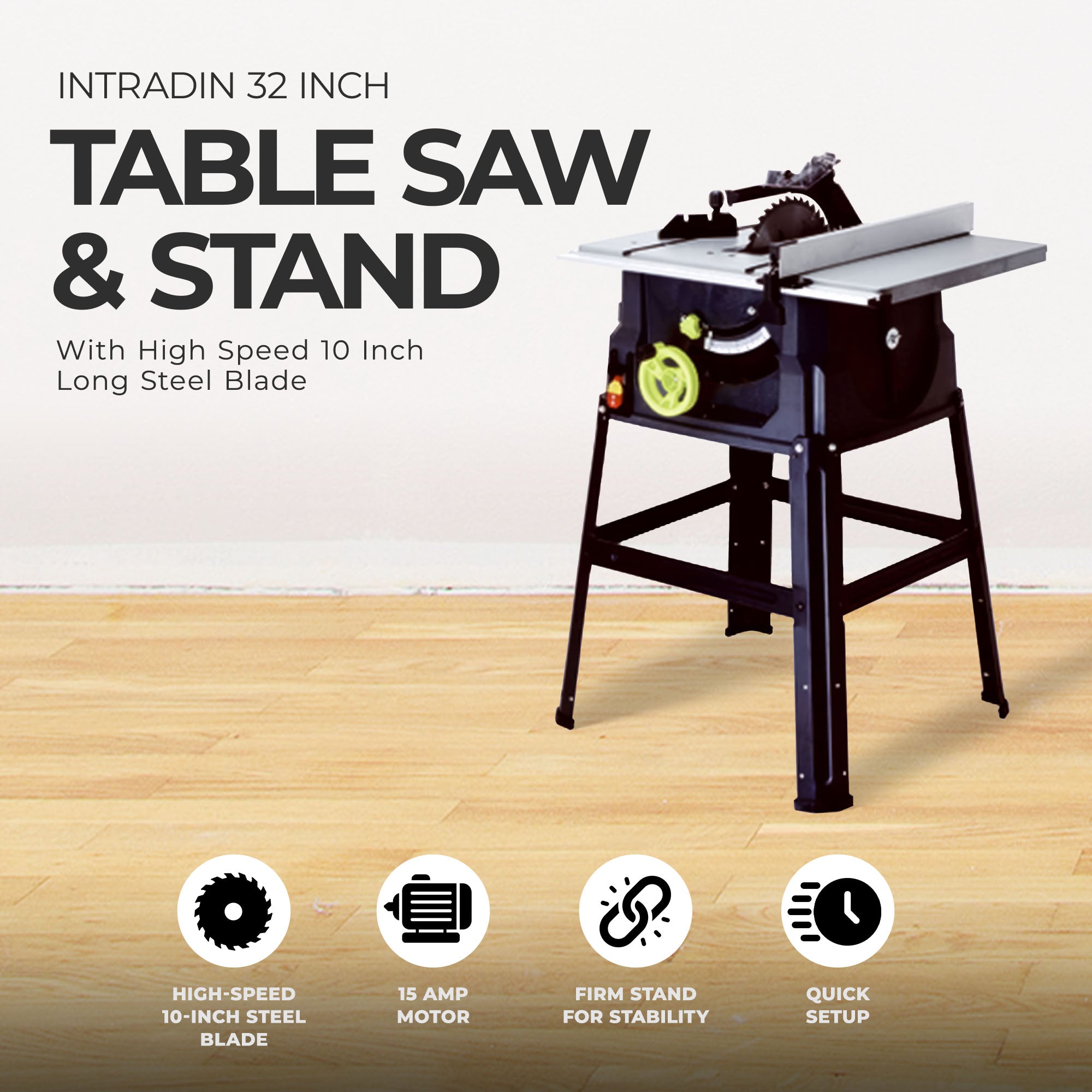Intradin 32 Inch Table Saw and Stand with High Speed 10 Inch Long Steel Blade - VMInnovations