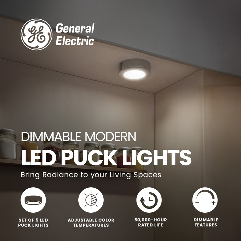 GE Dimmable Modern Corded Electric Plastic LED Puck Lights, Set of 5, Silver