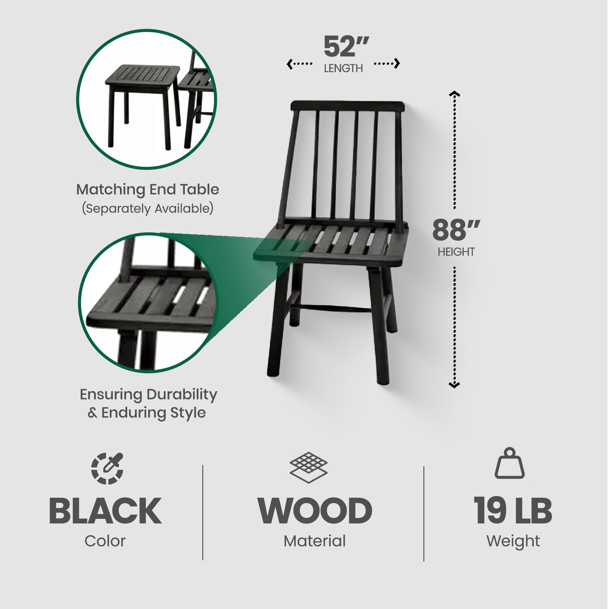 Jack Post Hardwood Classic Indoor and Outdoor Farmhouse Armless Chair, Black - VMInnovations