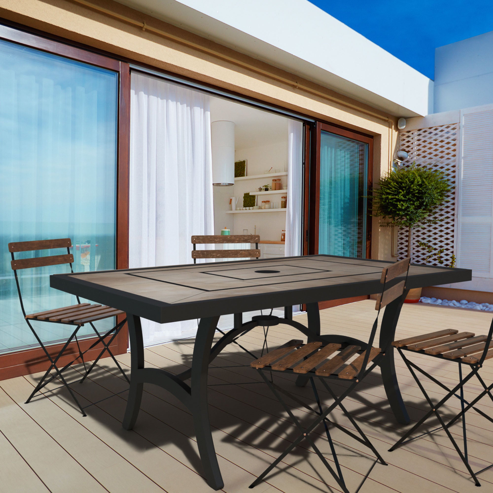 Four Seasons Courtyard 40 x 66 Inch Tile Top Cast Aluminum Dining Table (Used) - VMInnovations