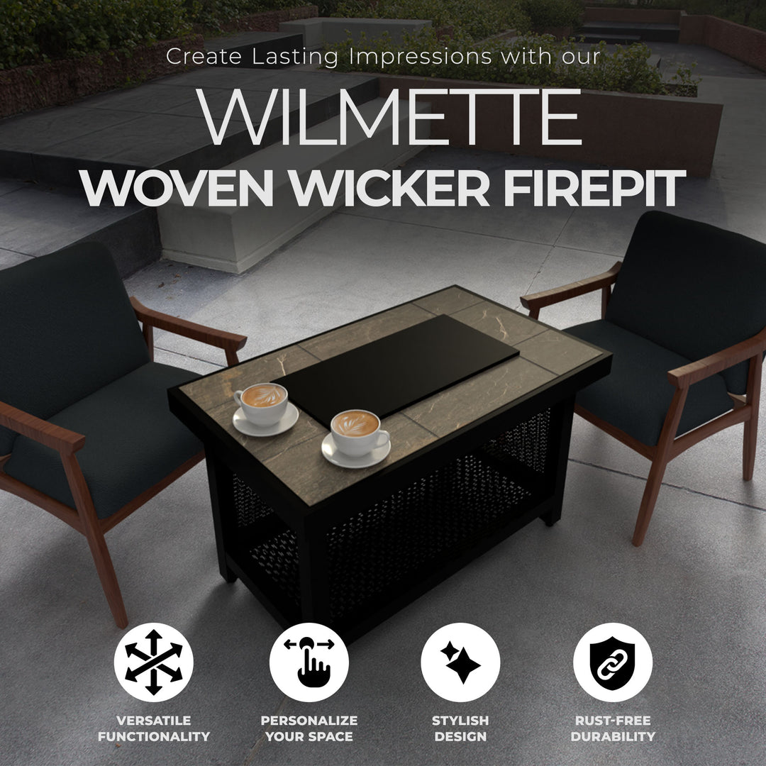 Four Seasons Courtyard Wilmette Firepit Woven Wicker with Grouted Stone Top - VMInnovations