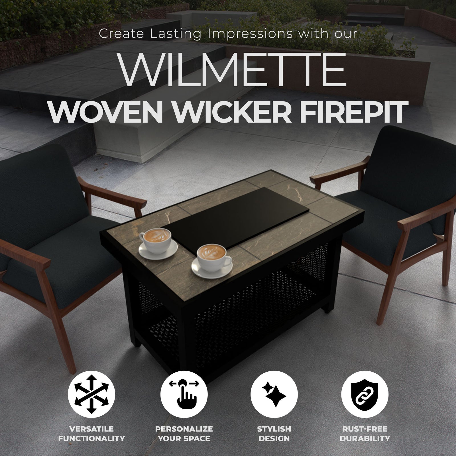 Four Seasons Courtyard Wilmette Firepit Woven Wicker with Grouted Stone Top - VMInnovations