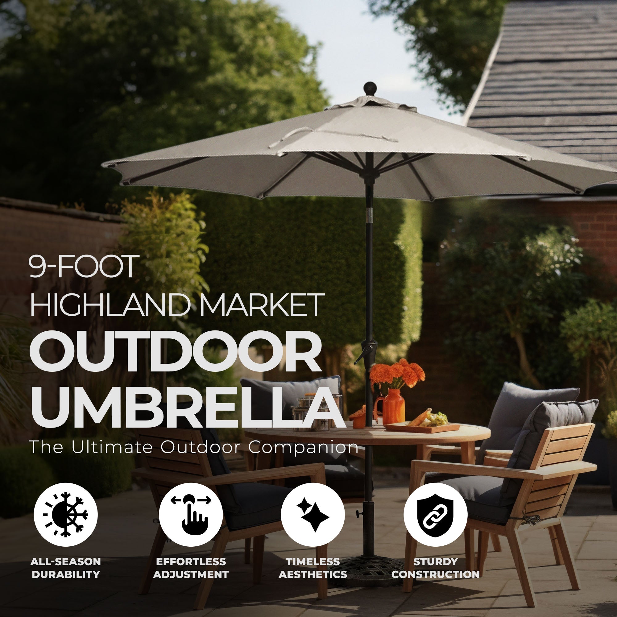 Four Seasons Courtyard 9' Round Sling Fabric Highland Umbrella, Gray (Open Box) - VMInnovations