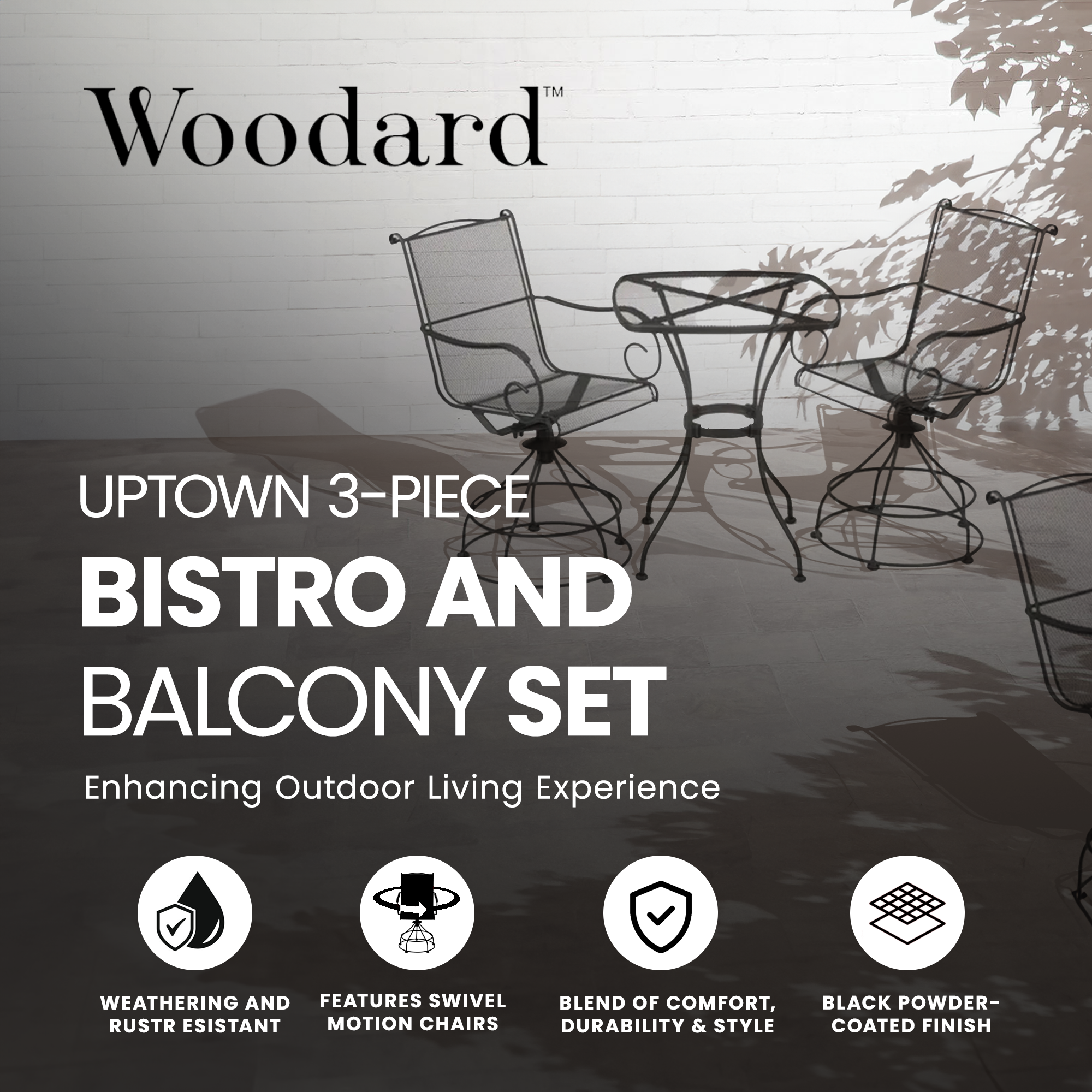 Woodard Uptown 3pc Bistro & Balcony Set w/Powder Coated Finish, Black(For Parts) - VMInnovations