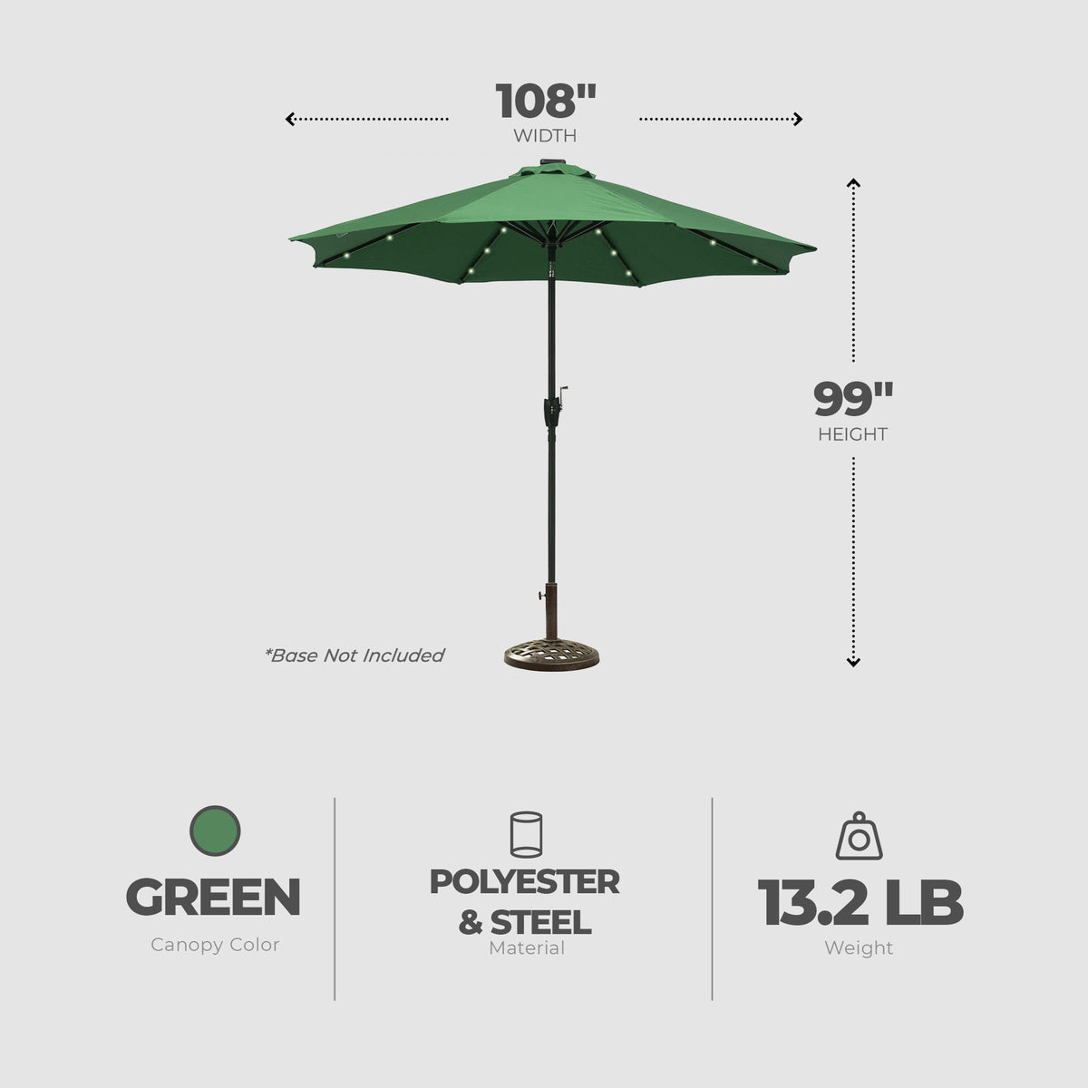 Four Seasons Courtyard 9’ LED Steel Pole Patio Market Umbrella, Green (Open Box) - VMInnovations