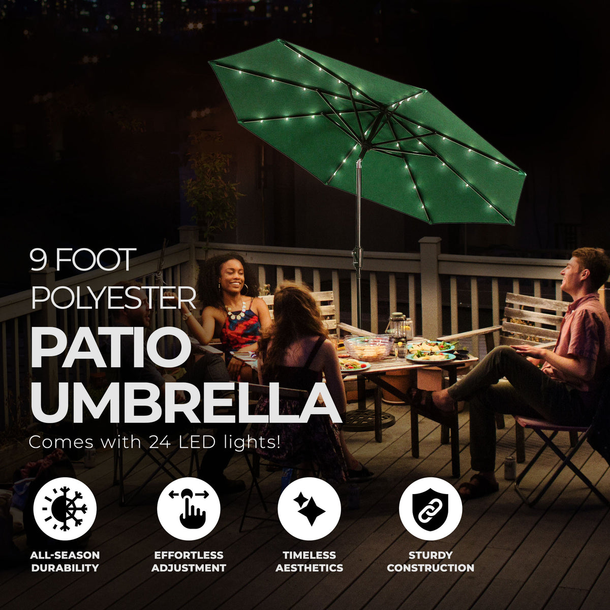 Four Seasons Courtyard 9’ LED Steel Pole Patio Market Umbrella, Green (Open Box) - VMInnovations