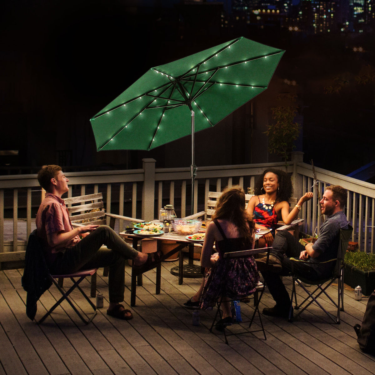 Four Seasons Courtyard 9’ LED Steel Pole Patio Market Umbrella, Green (Open Box)