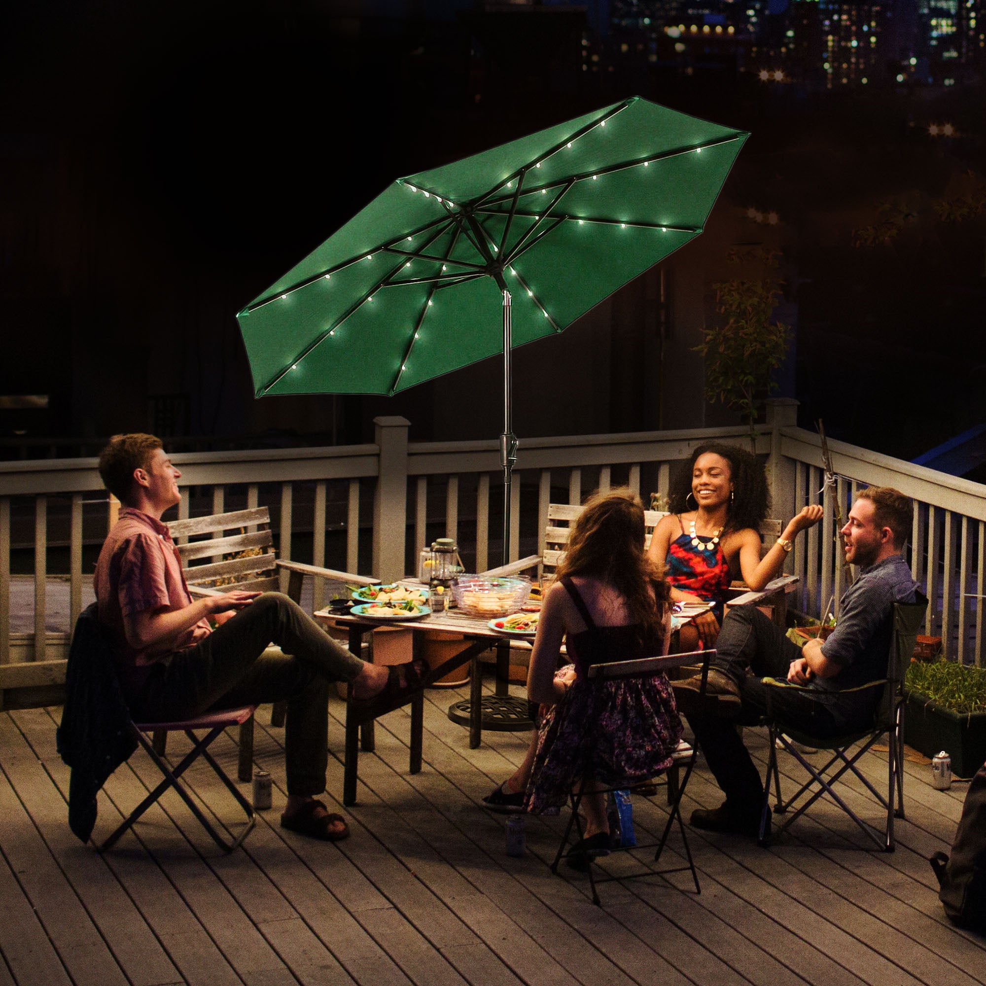 Four Seasons Courtyard 9’ Polyester LED Steel Pole Patio Market Umbrella, Green - VMInnovations